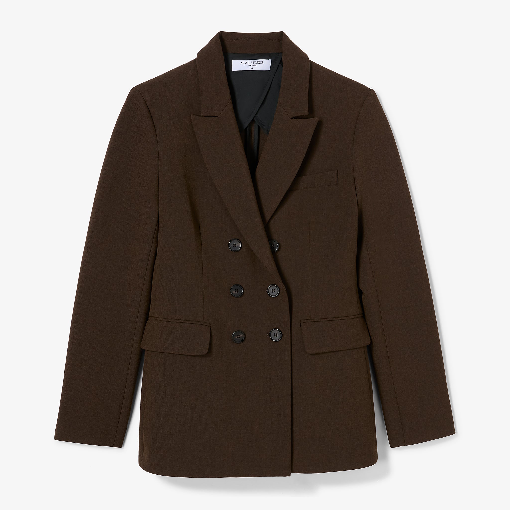 Brown blazer with black buttons on a light gray background 