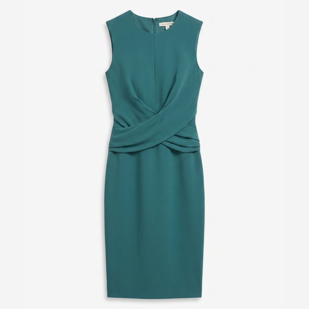 Teal dress with a criss-cross detail on a white background