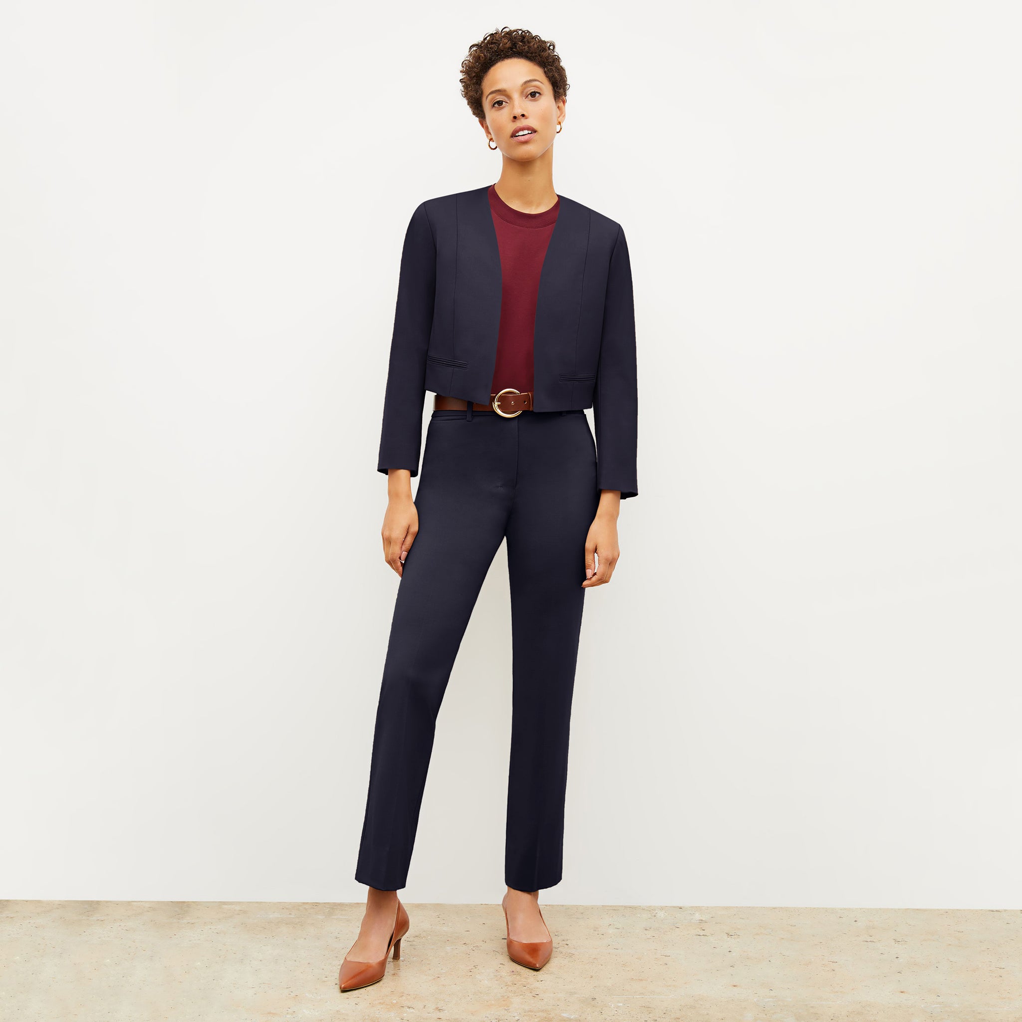 front image of a woman wearing the smith pant in galaxy blue