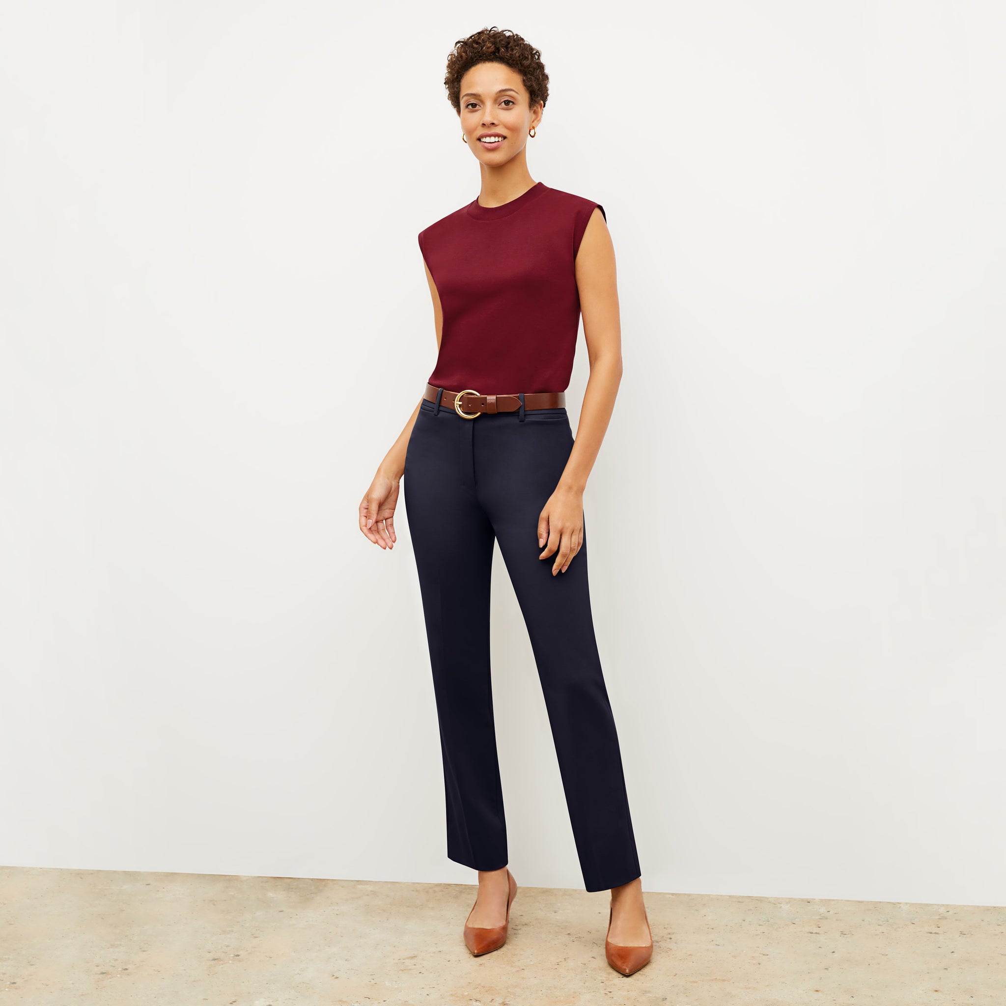 front image of a woman wearing the smith pant in galaxy blue 
