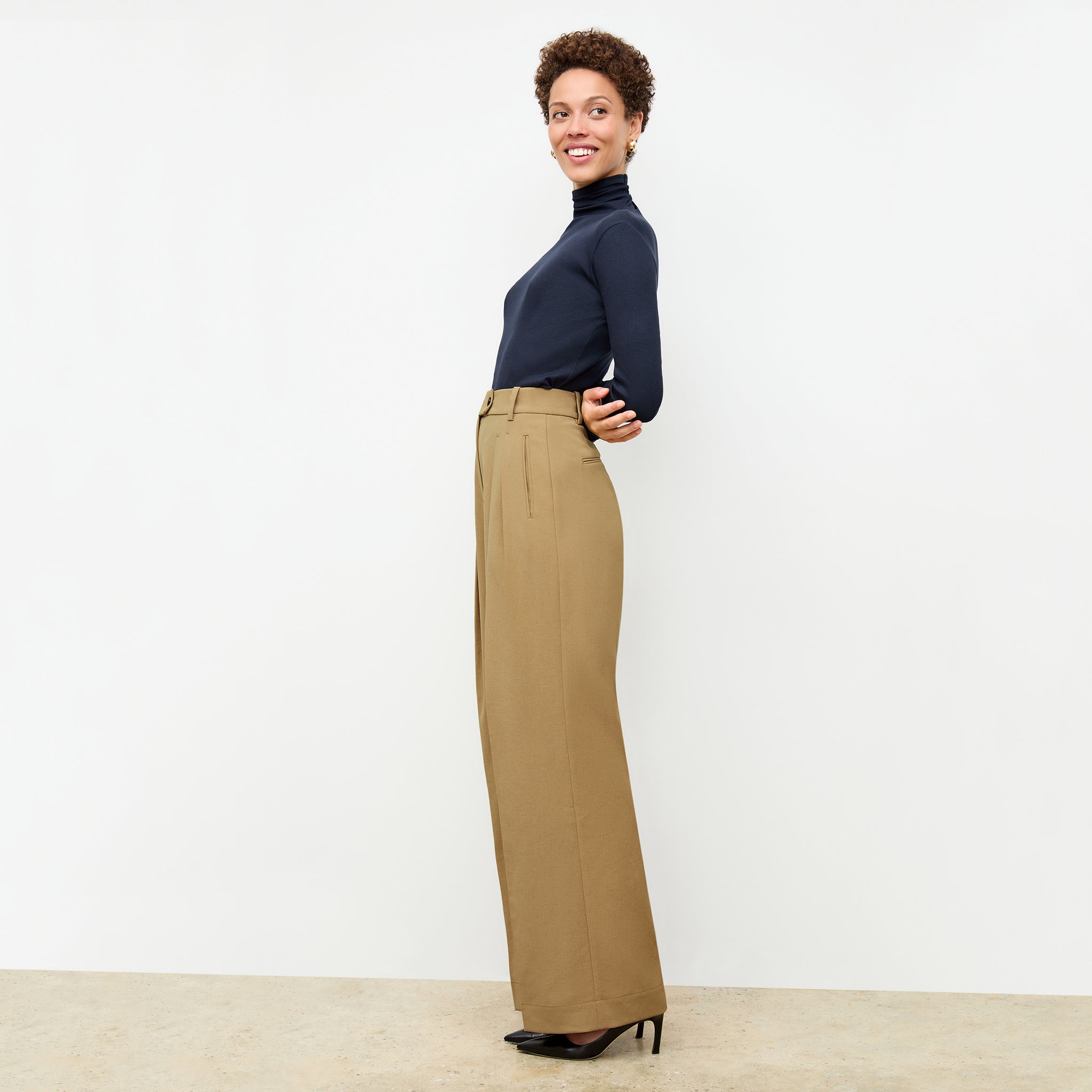 side image of a woman wearing the bia pant in macaroon