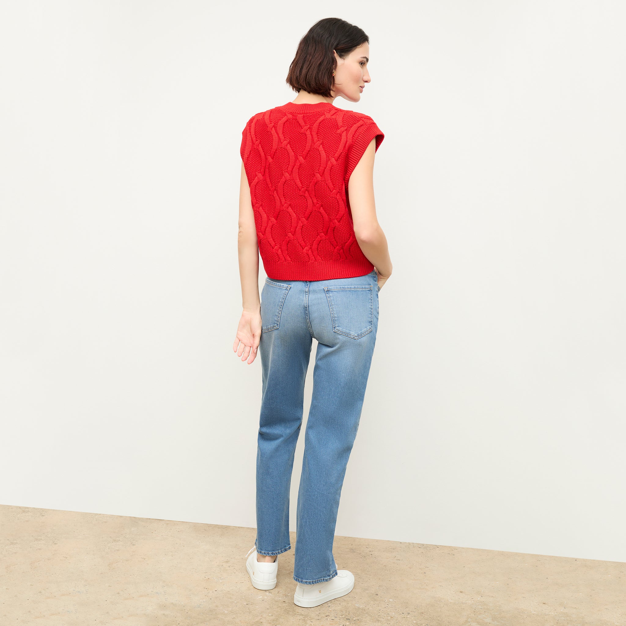 back image of a woman wearing the eloise top in strawberry