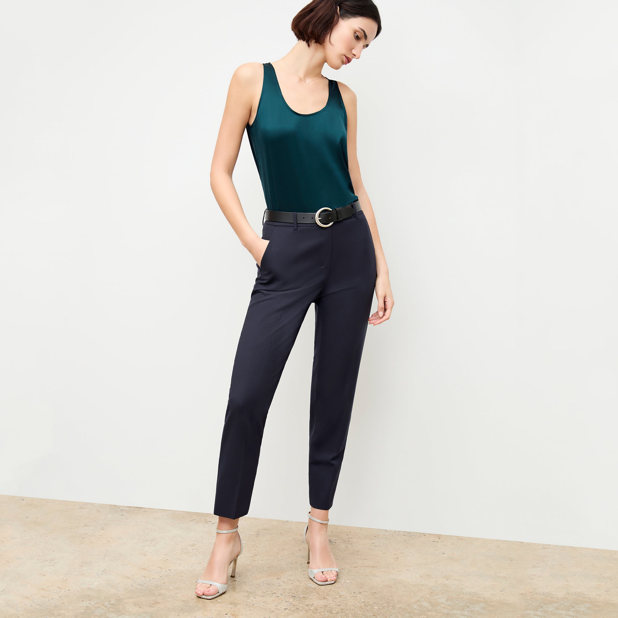 Front image of a woman wearing the Mejia pant in Galaxy Blue 