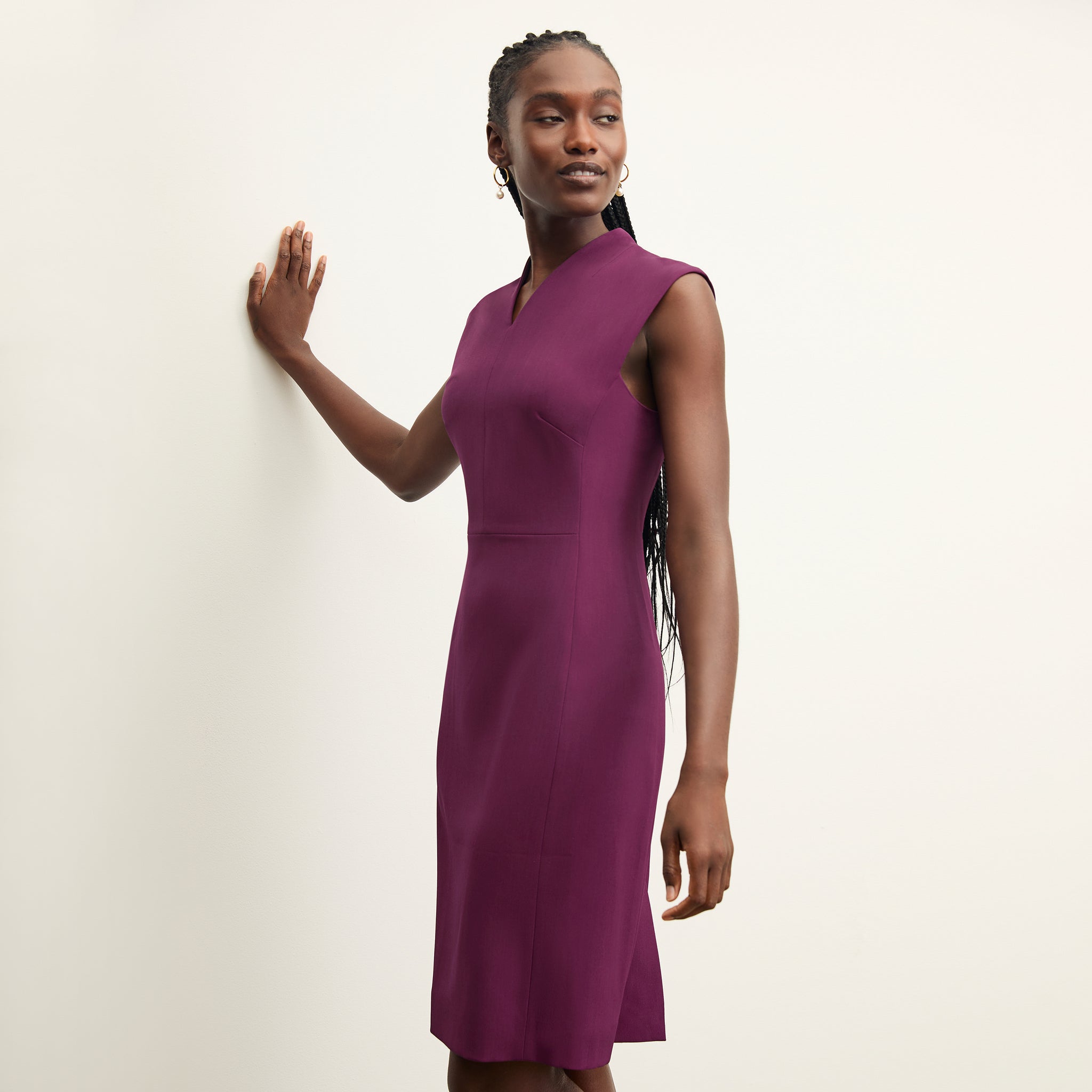 front image of a woman wearing the aditi dress in plumberry
