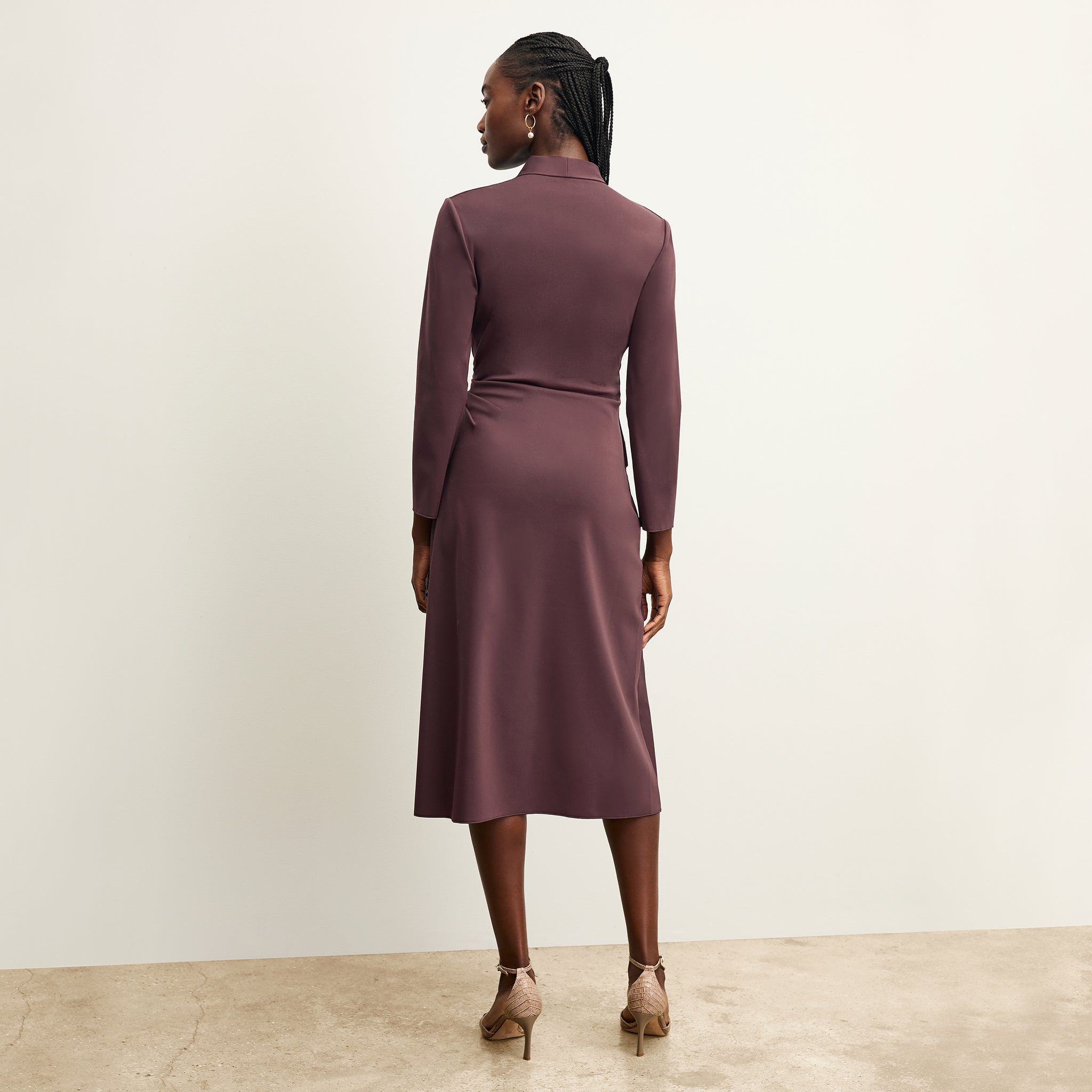 back image of a woman wearing the carly dress in grape
