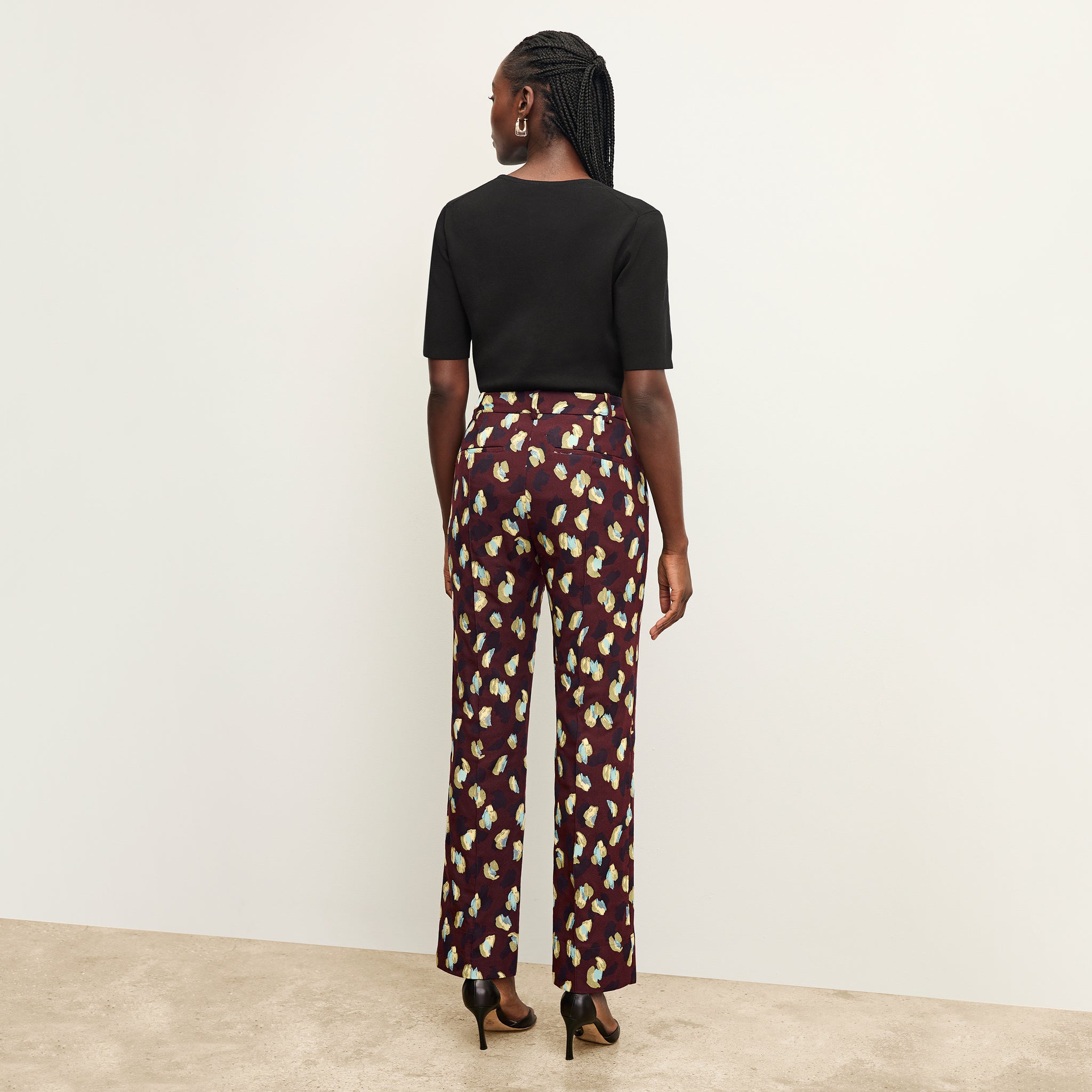 back image of a woman wearing the smith pant in bengal jacquard