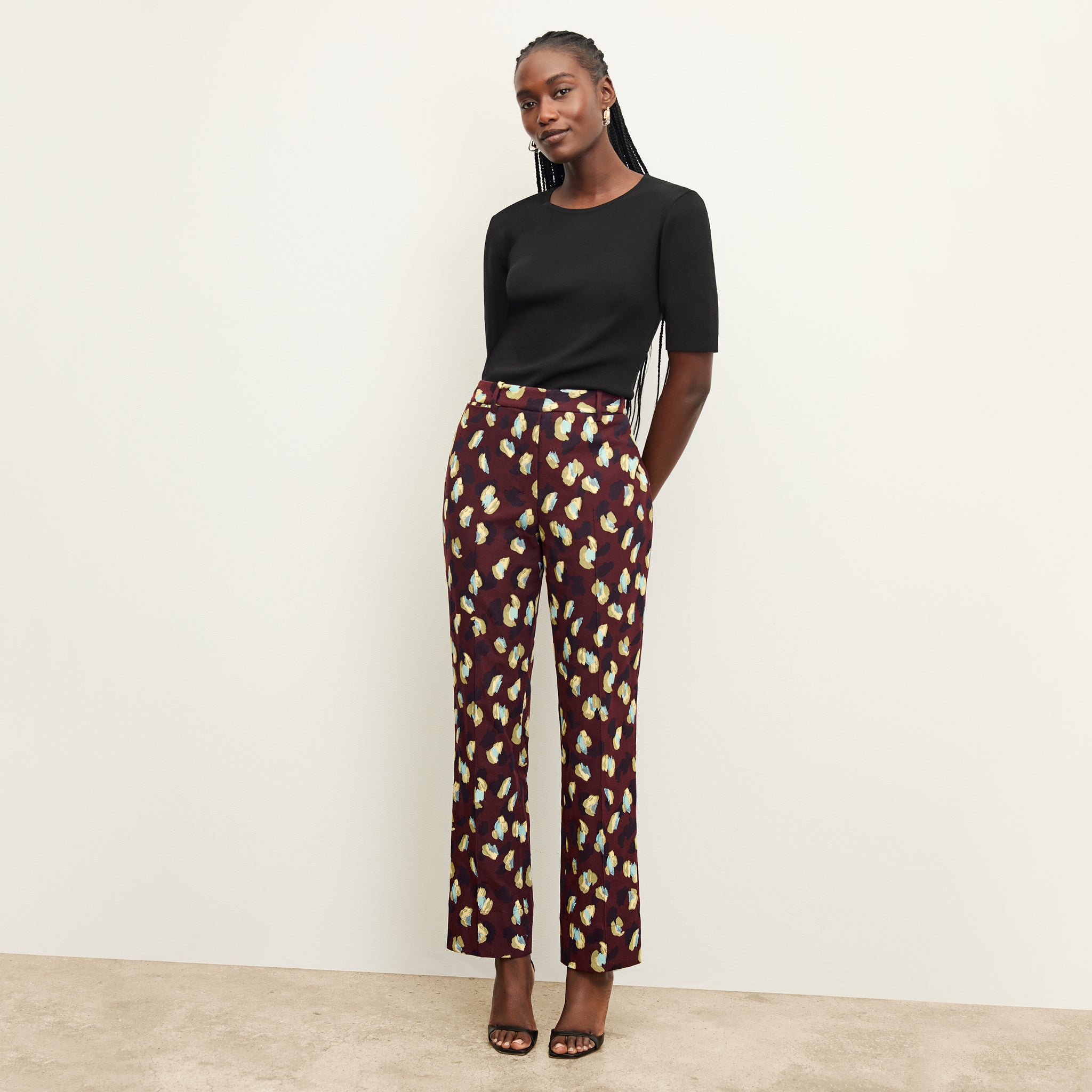 front image of a woman wearing the smith pant in bengal jacquard 