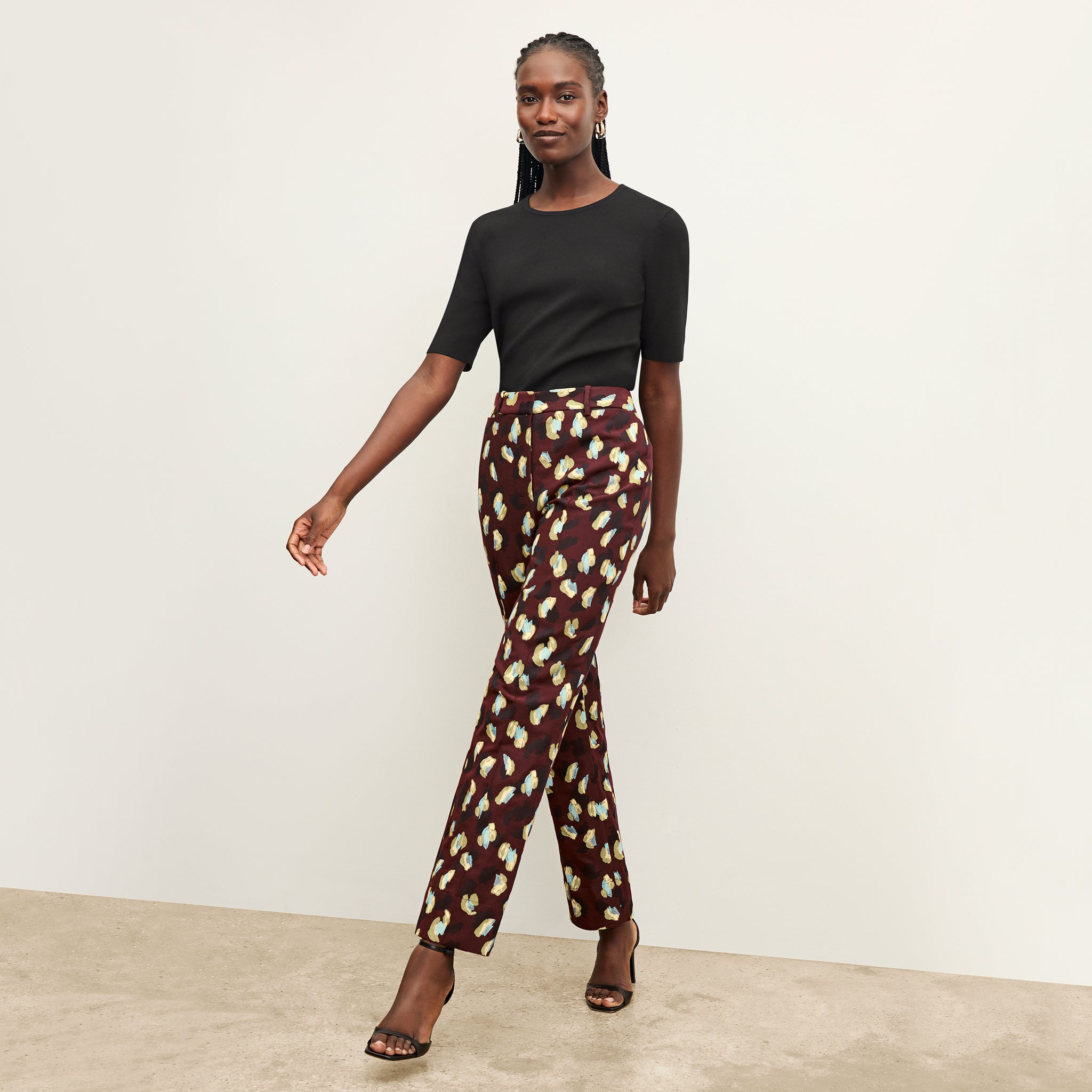 front image of a woman wearing the smith pant in bengal jacquard