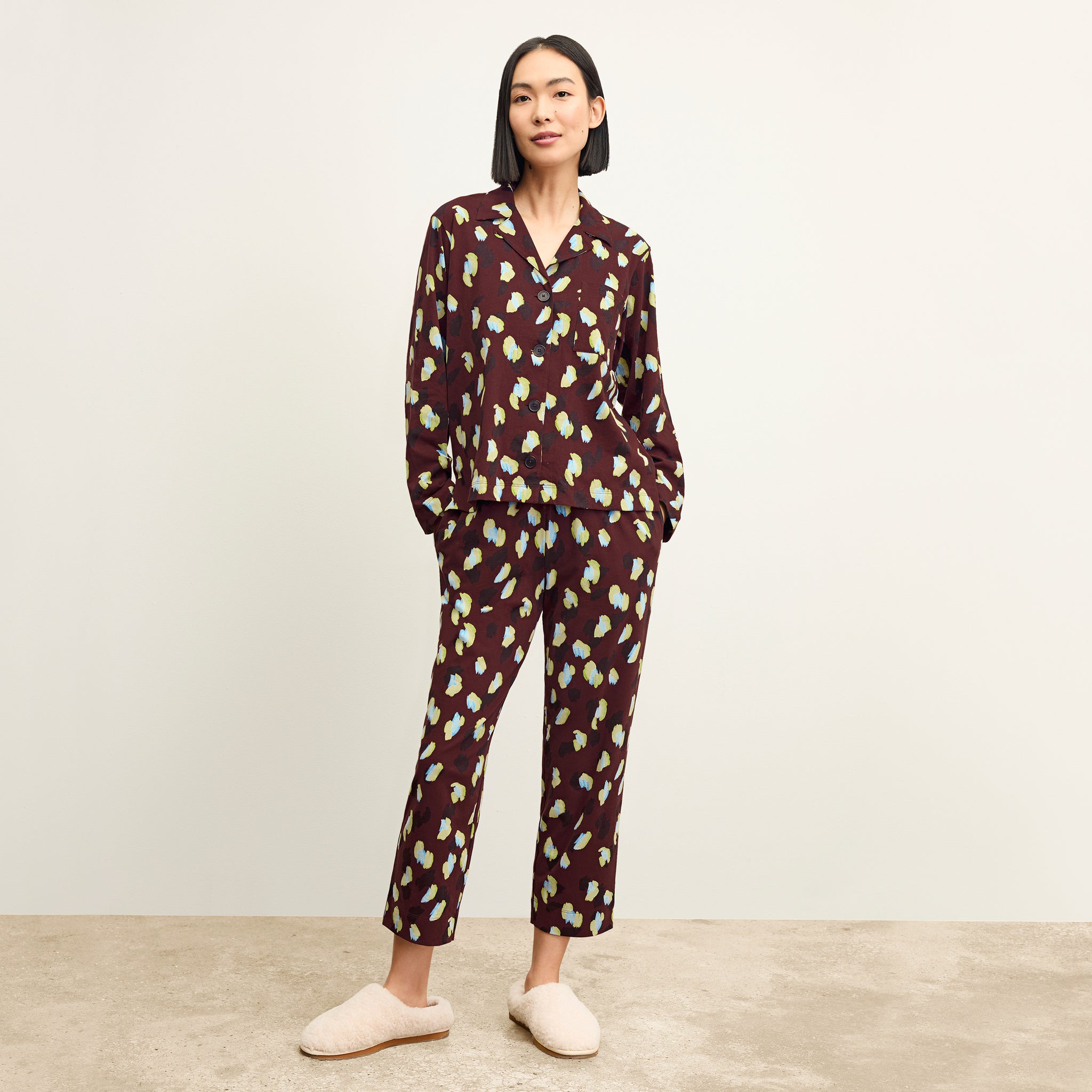 front image of a woman wearing the signature pajama set in bengal print
