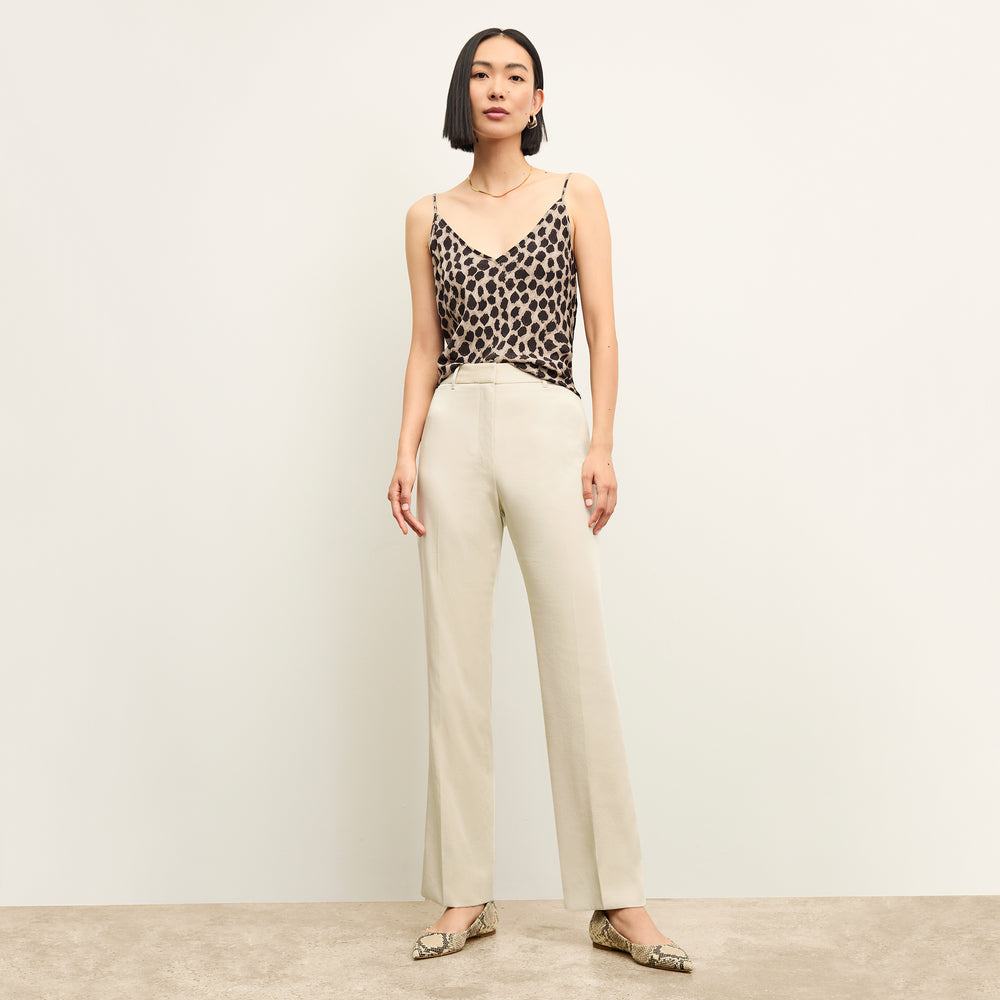 front image of a woman wearing the smith pant in champagne