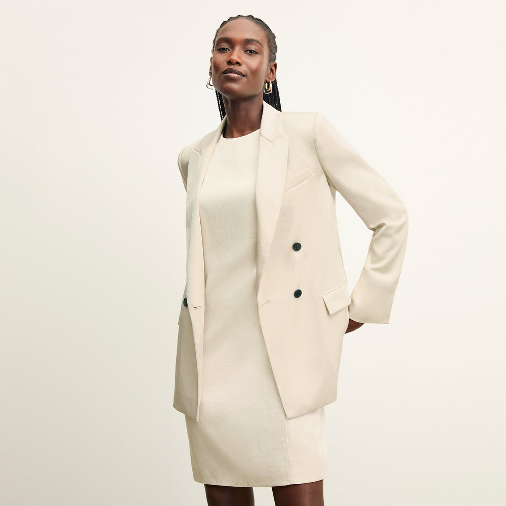 Front image of a woman wearing the o'hara jacket in champagne