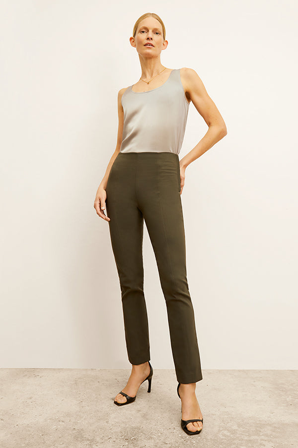 front image of woman wearing foster pant in dark olive