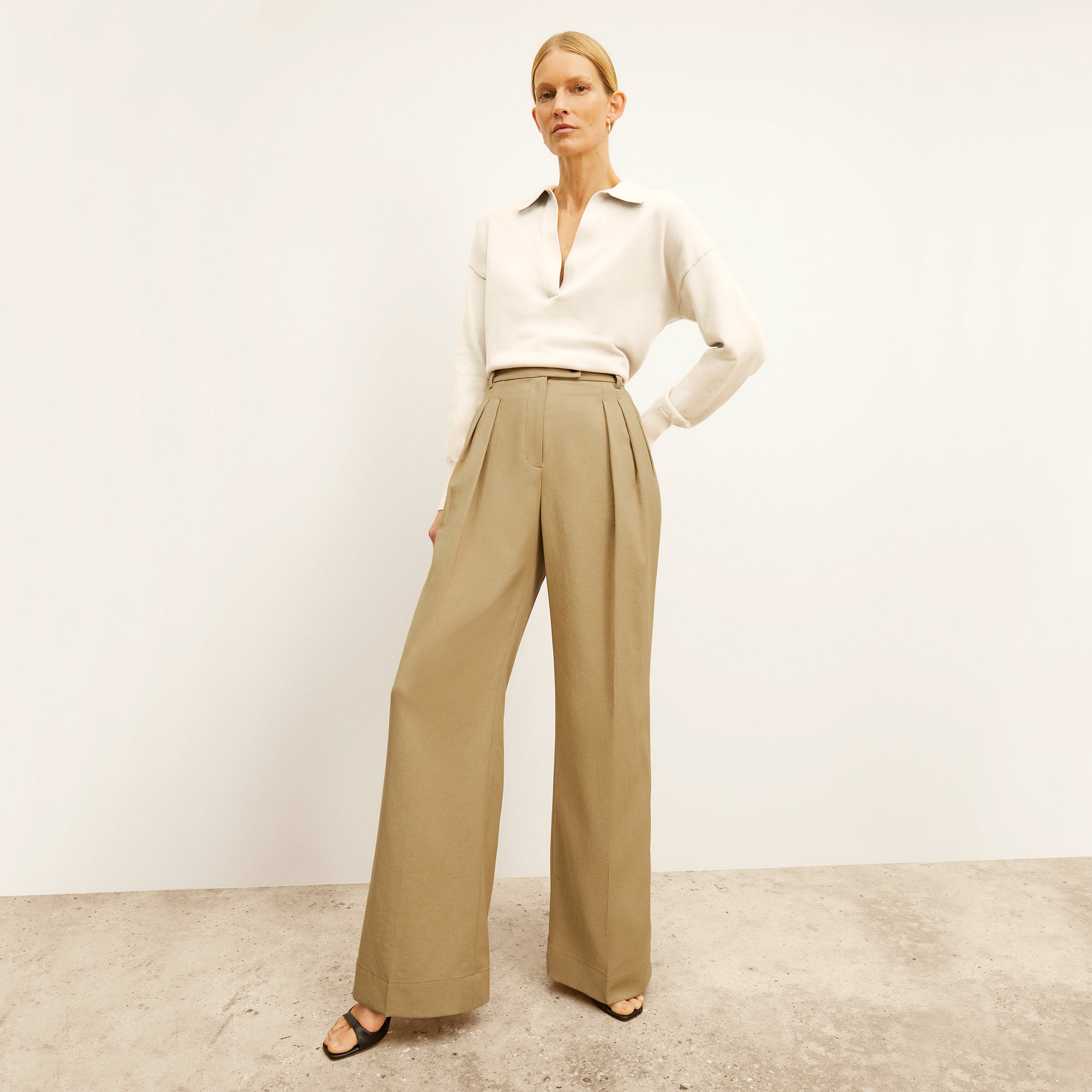 front image of a woman wearing the bia pant in macaroon
