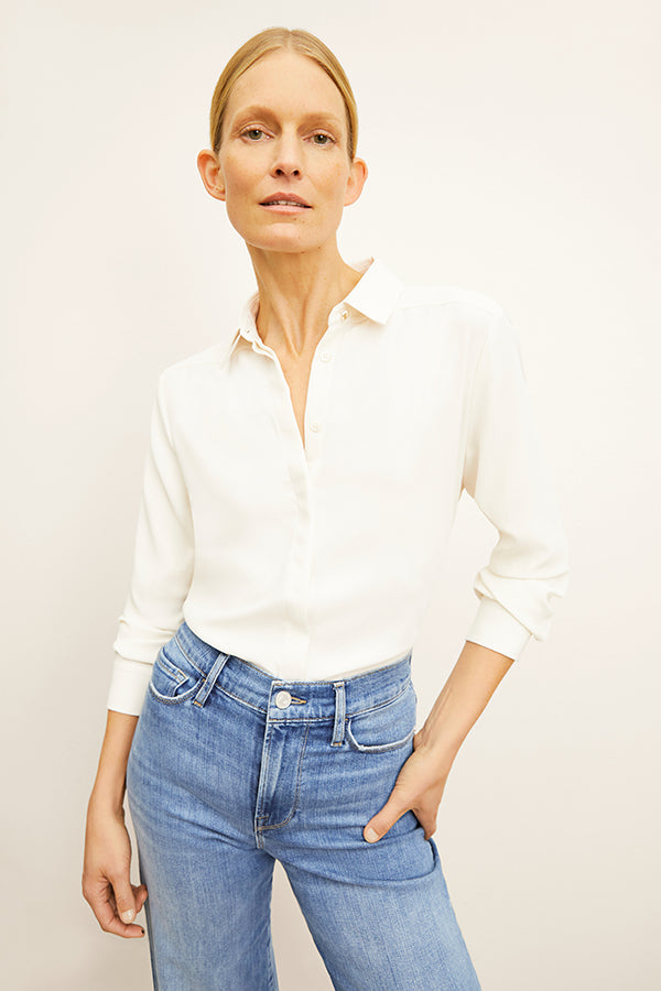 Front image of a woman standing wearing the Lagarde Shirt—Soft Wave in Alabaster