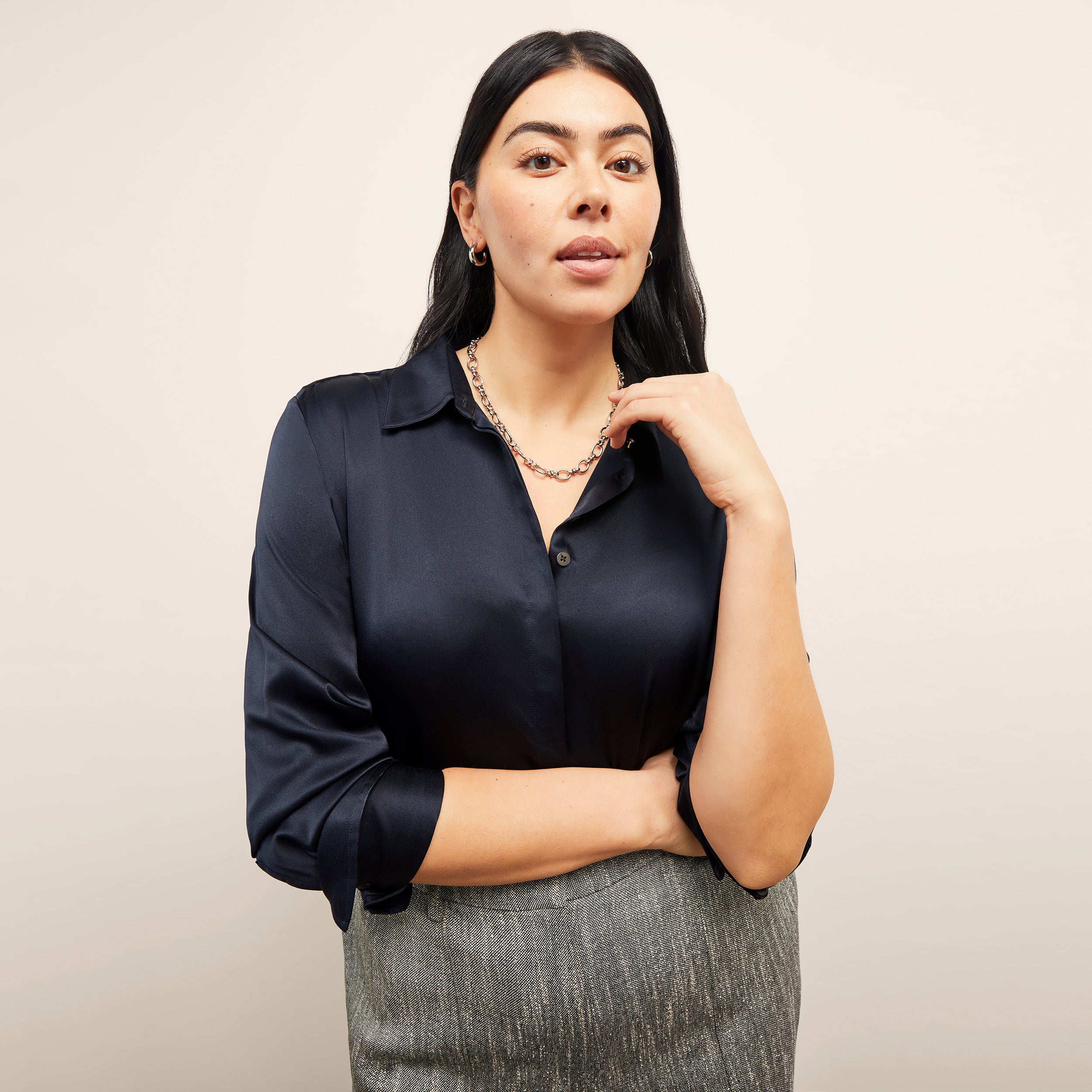 Tatum Button-Down Shirt - Washable Silk Charmeuse :: Galaxy Blue – M.M ...