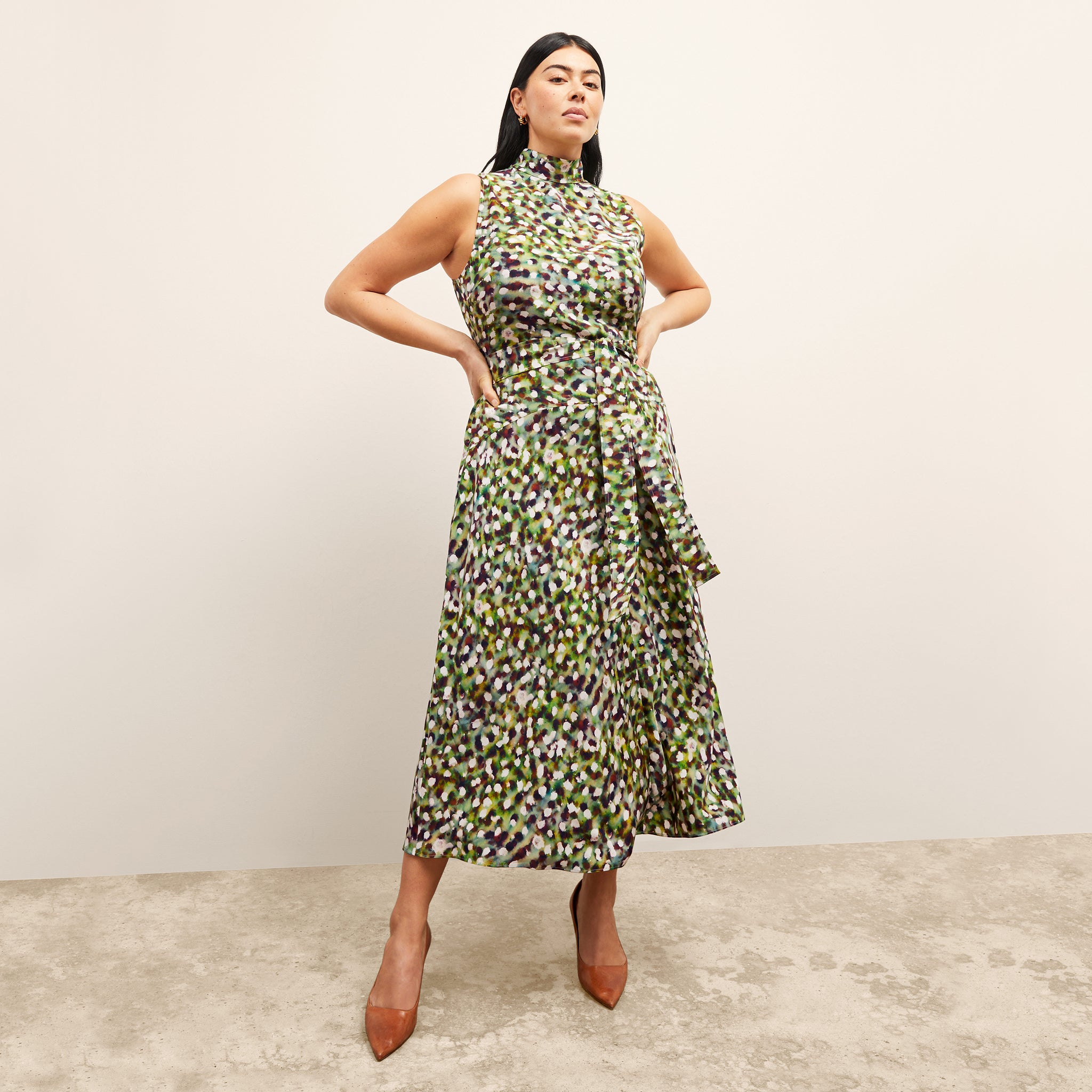 front image of a woman wearing the martina dress in spotlight print