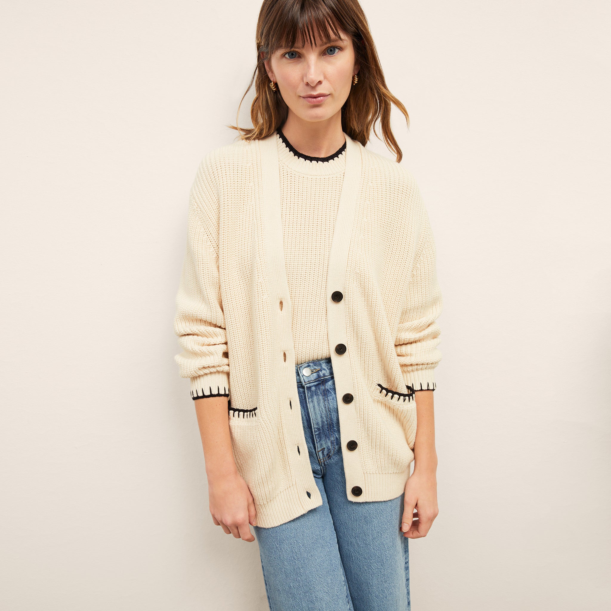front image of a woman wearing the cookie cardigan in contrast knit 