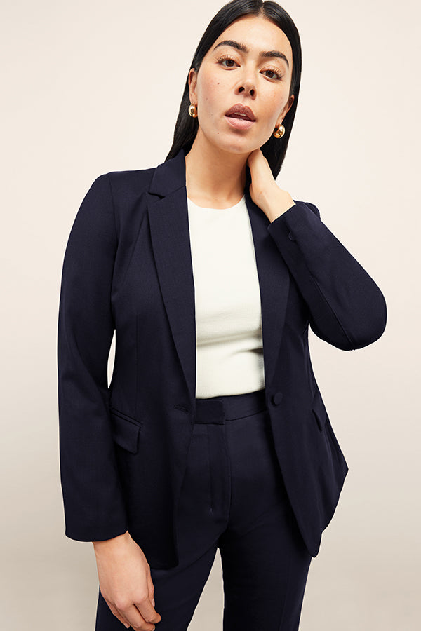 Front image of a woman wearing the Yiyan Blazer in Galaxy Blue