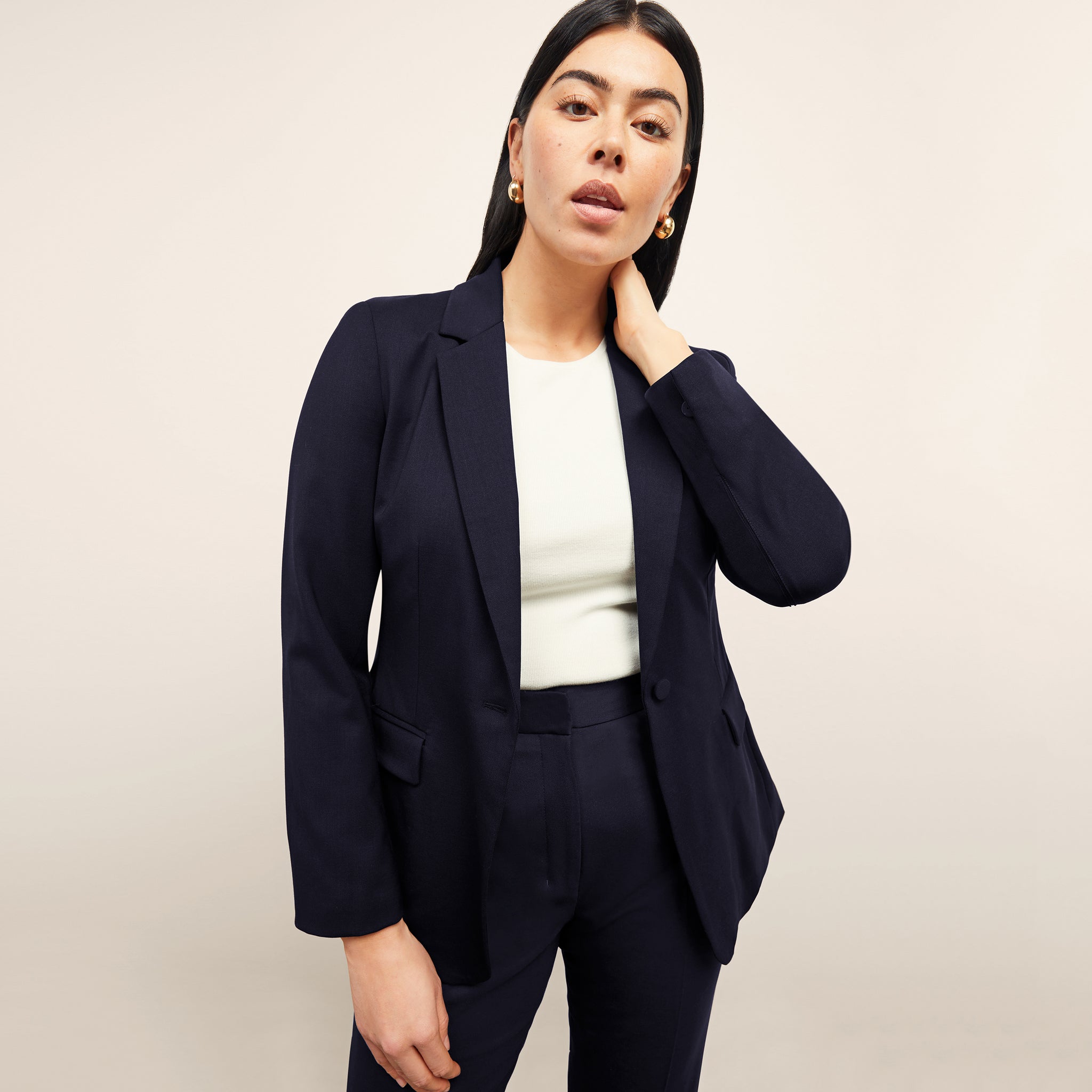Front image of a woman wearing the Yiyan Blazer in Galaxy Blue 