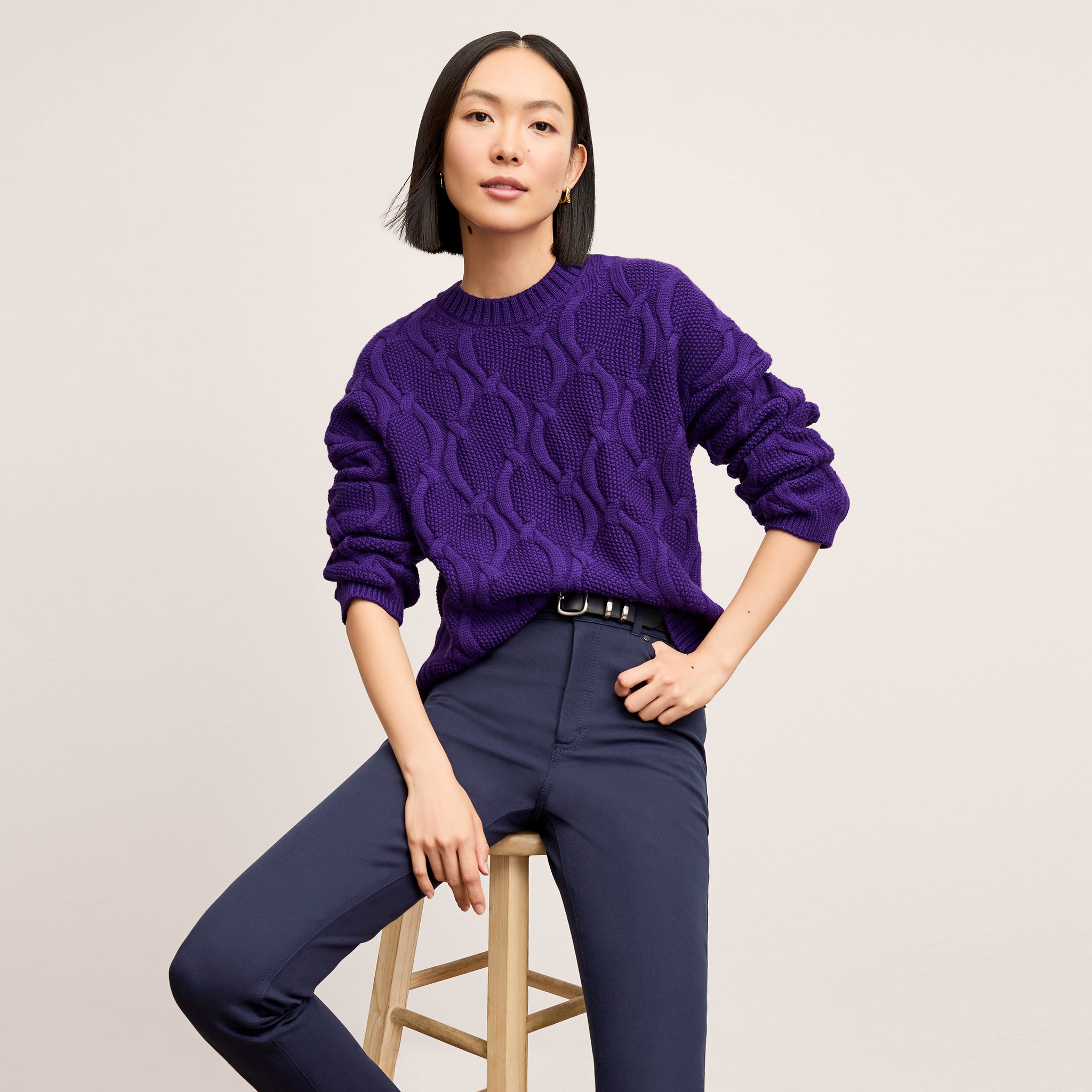 Front image of a woman wearing the Kiki Sweater in Ube 