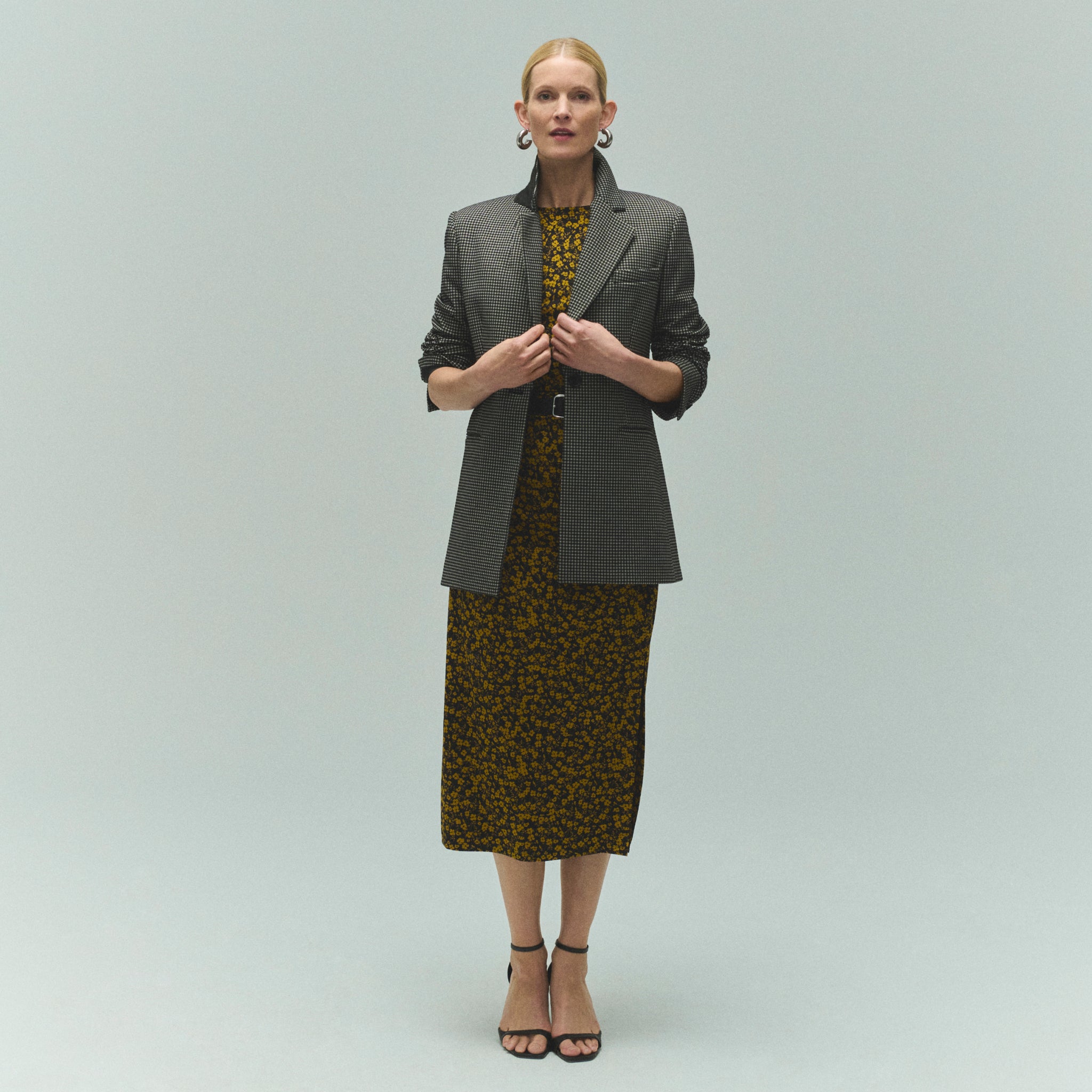 front image of a woman wearing the rossi blazer in classic check 