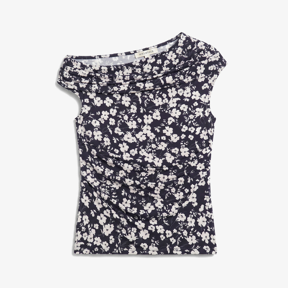 Packshot image of an off the shoulder white and black printed top