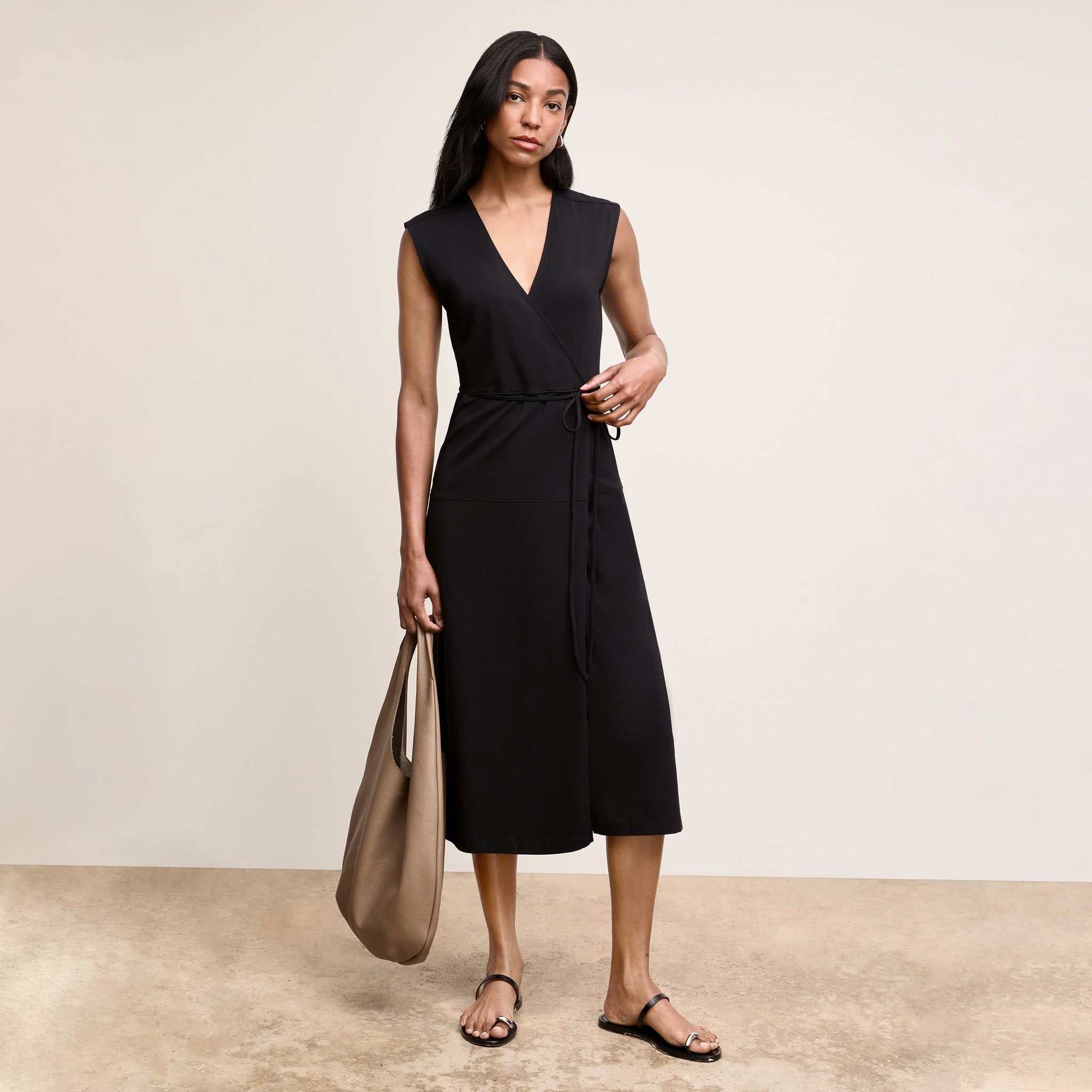 Front image of a woman wearing The Marta Dress-Pima Cotton Jersey :: Black 