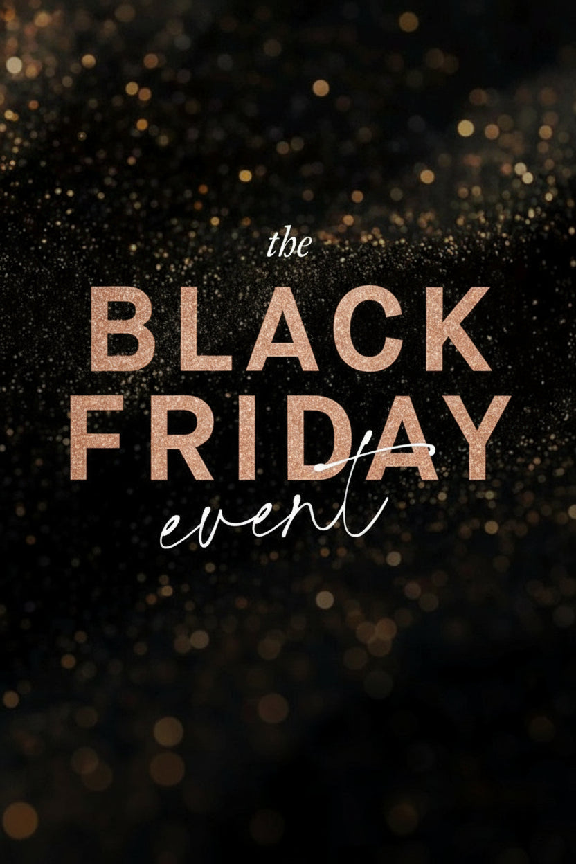 Black Friday event text on a dark background with gold glitter