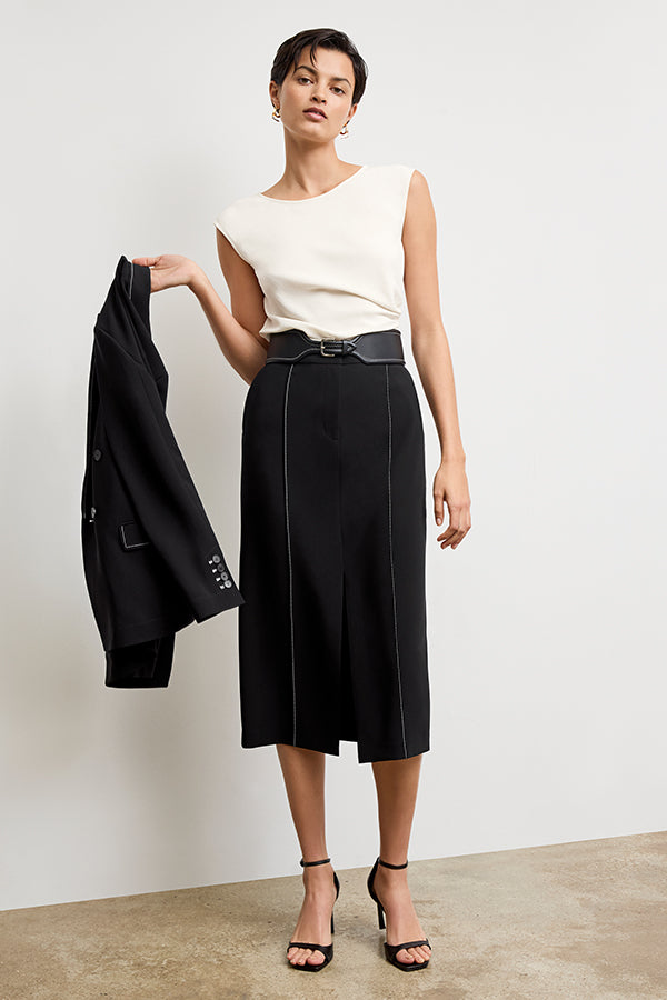 Meghan Midi Skirt - Everyday Crepe with Topstitch :: Black – M.M.