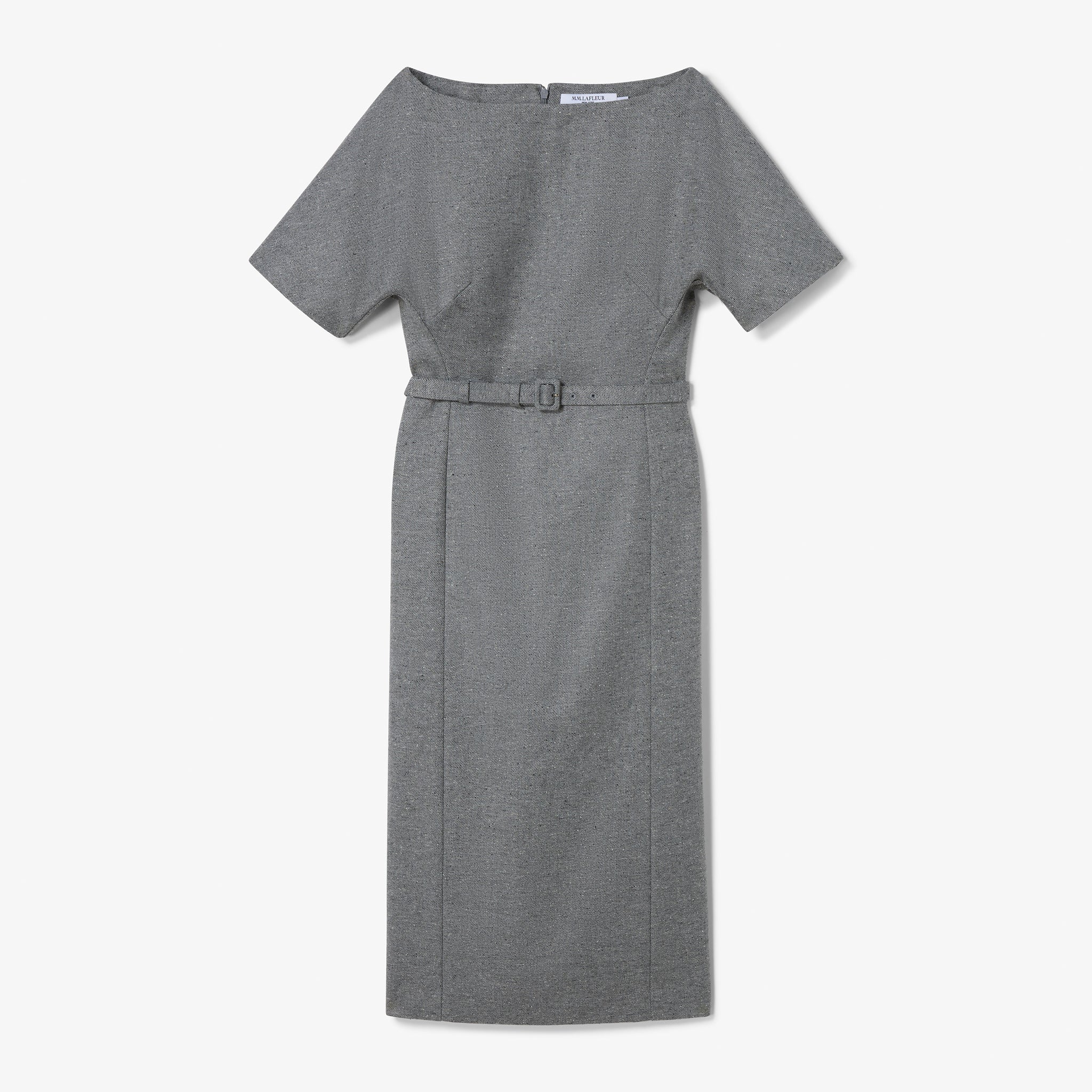 Gray dress with a belt on a white background