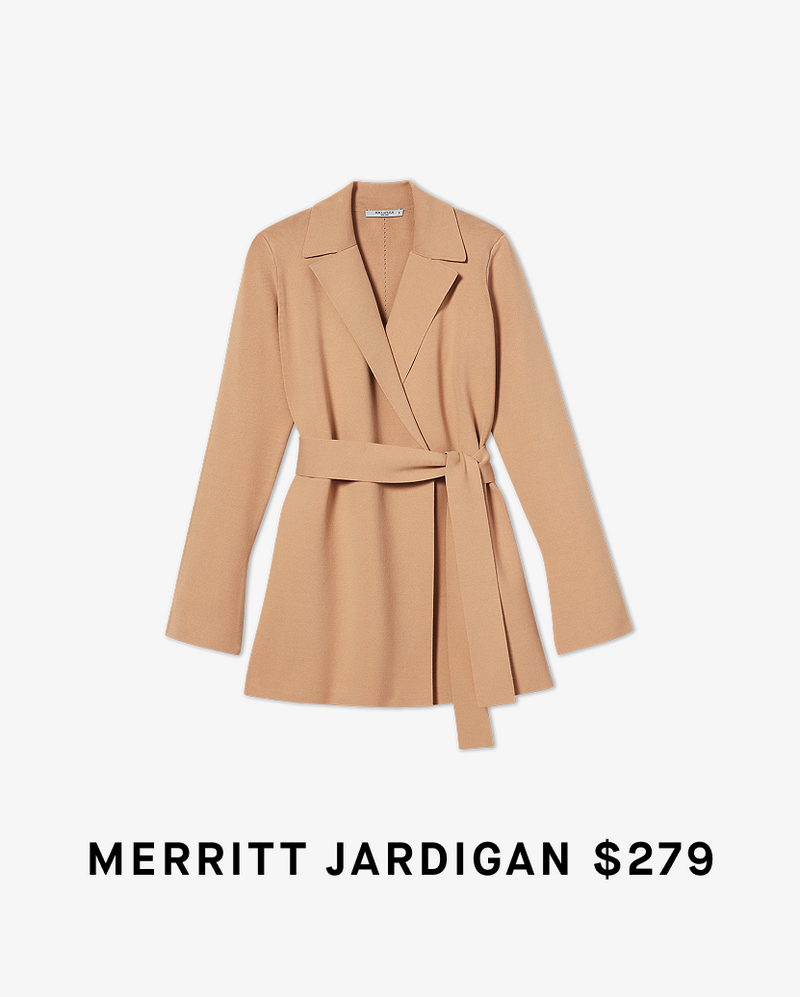 Beige trench coat with a belt on a white background, labeled 'Merritt Jardigan $279'.