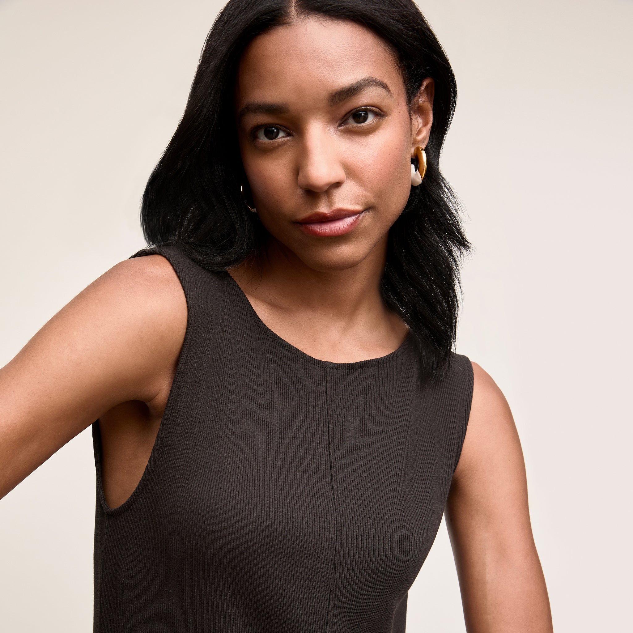 Front image of a woman wearing The Milano Dress - Ribbed Pima Modal :: Black