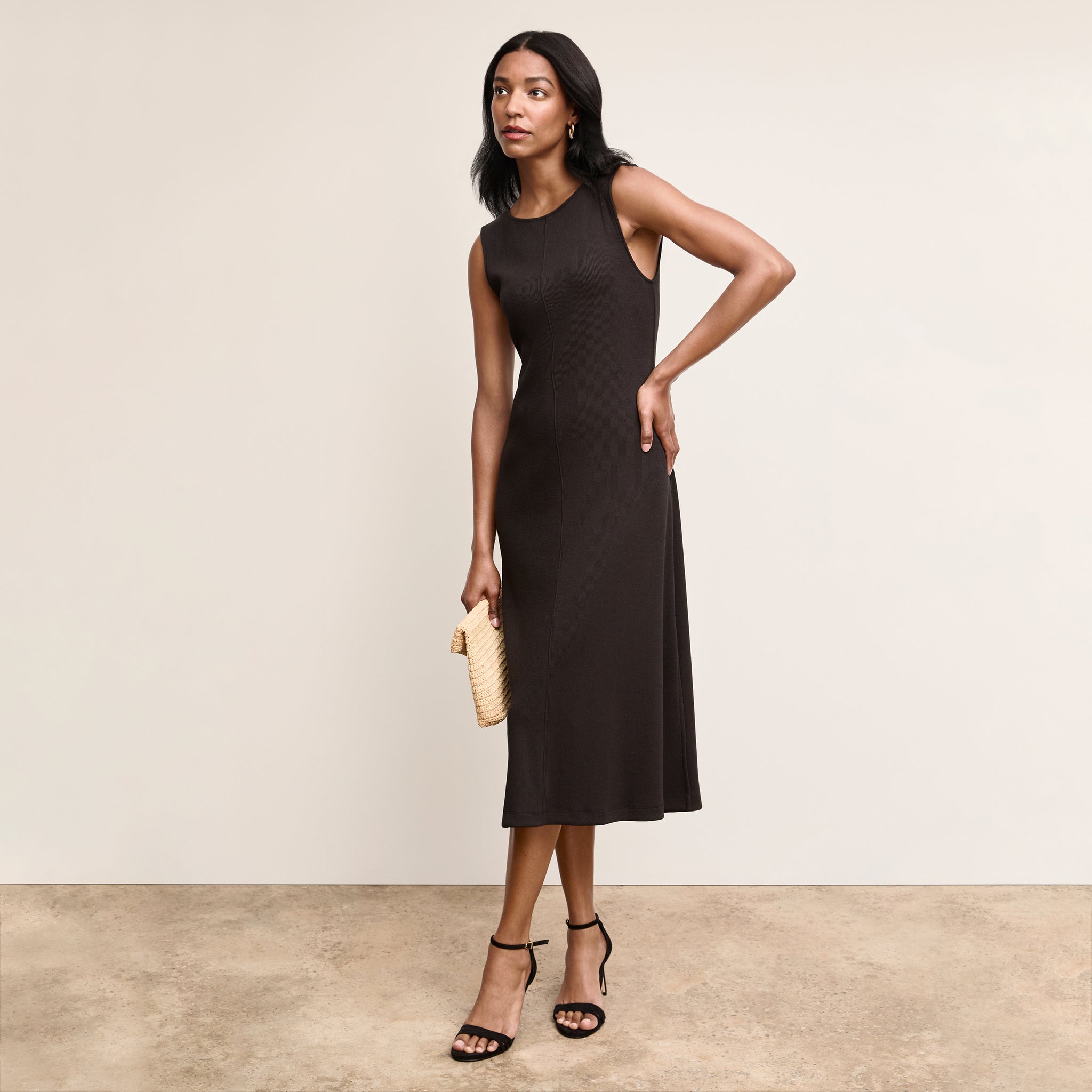 Front image of a woman wearing The Milano Dress - Ribbed Pima Modal :: Black