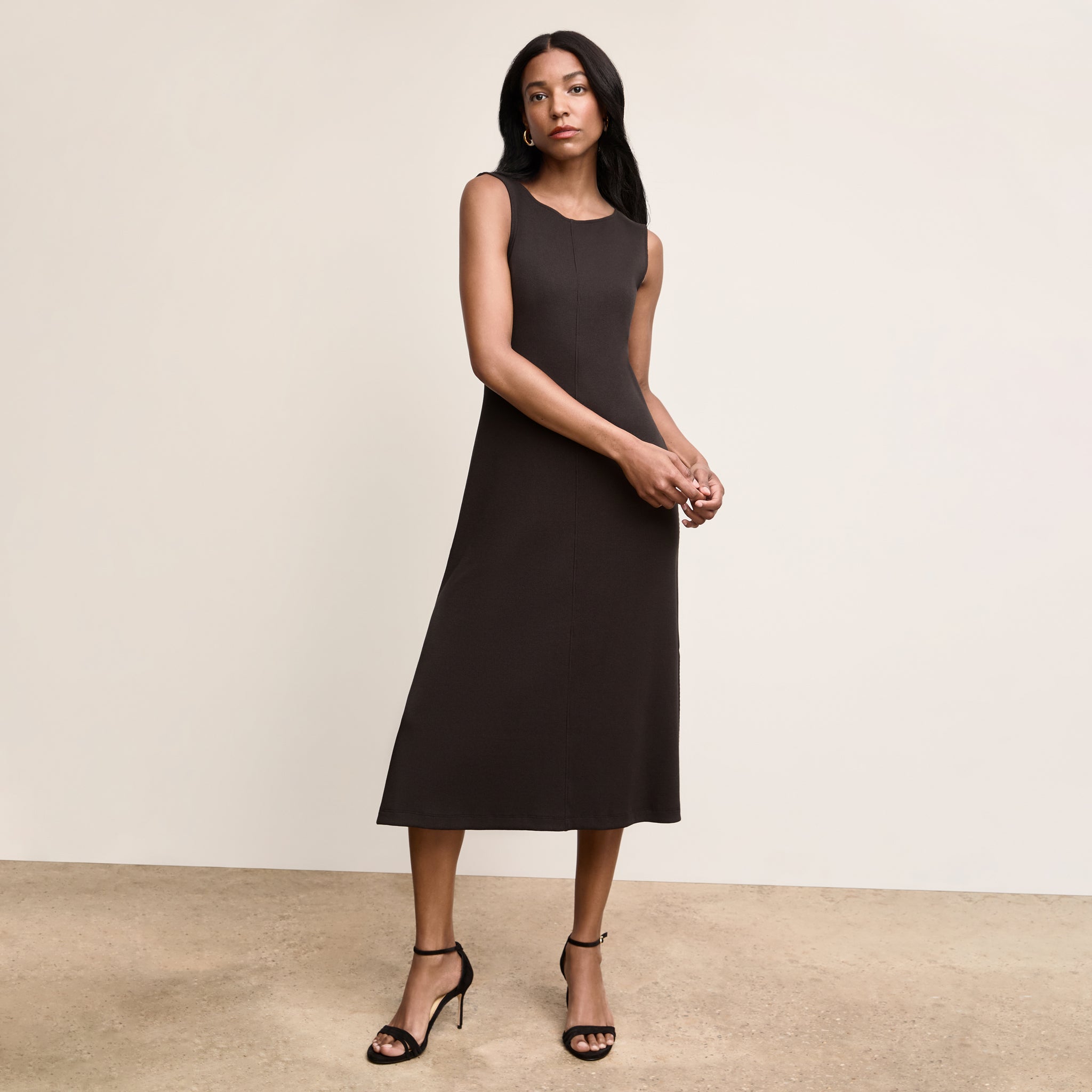 Front image of a woman wearing The Milano Dress - Ribbed Pima Modal :: Black 