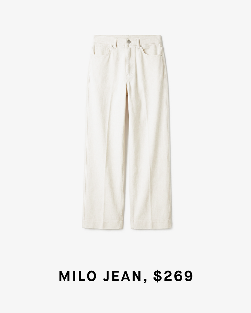 White pants on a white background with 'MILO JEAN, $269' text.