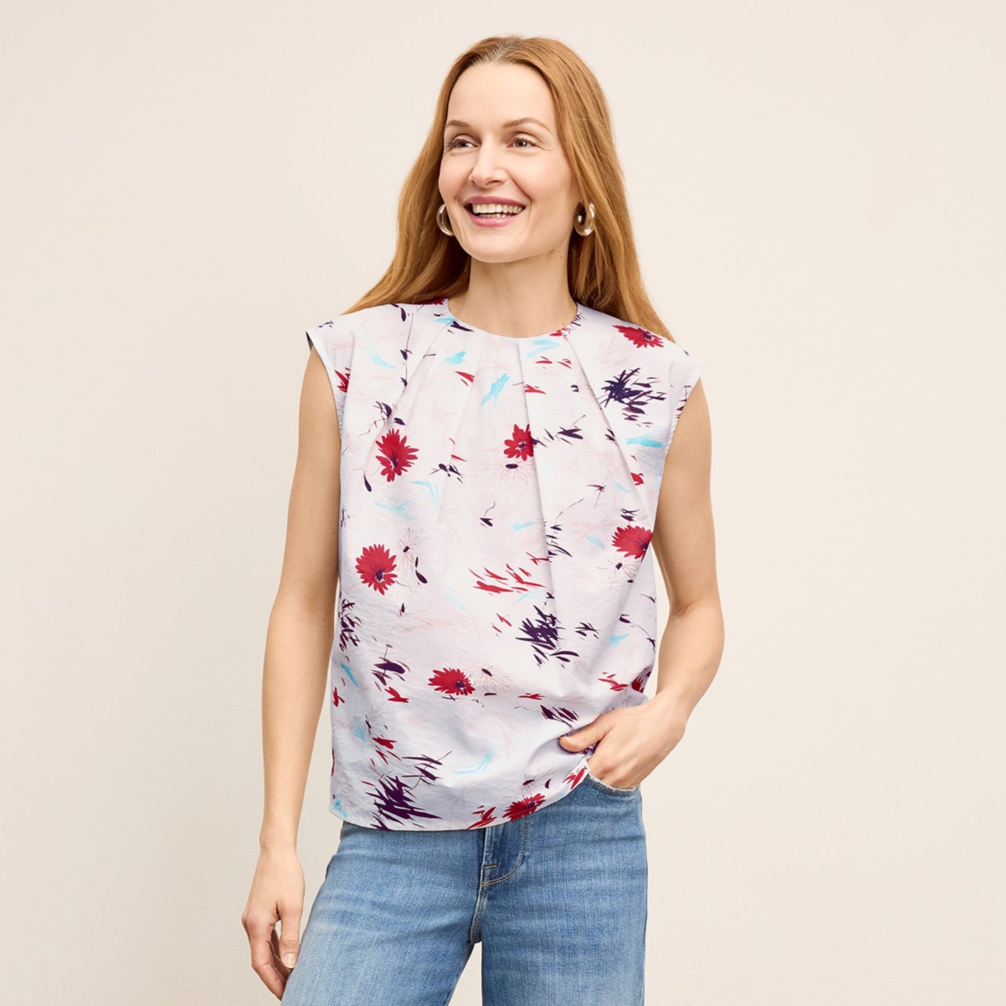 Front image of a woman wearing the Nika Top in Brushed Floral 