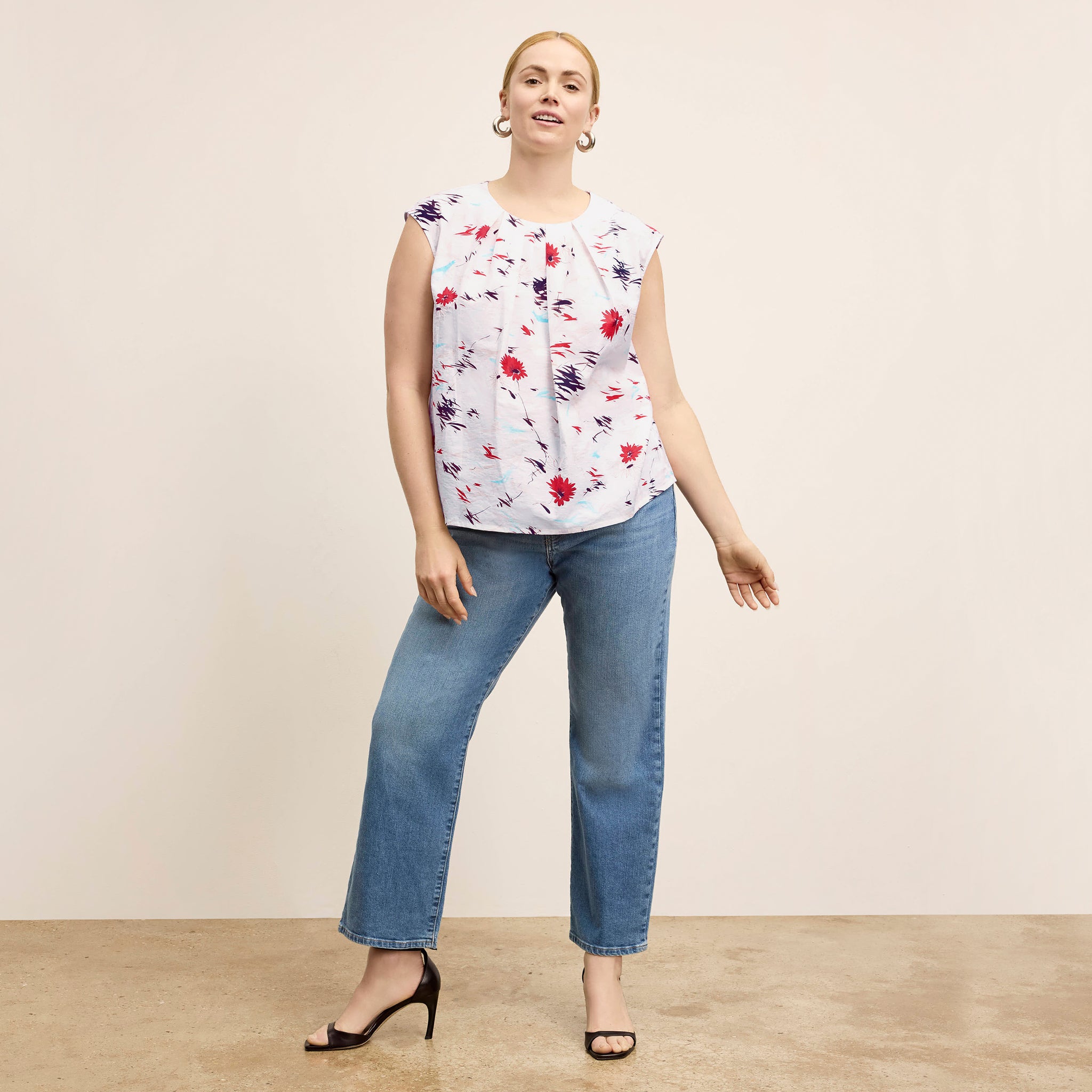 Front image of a woman wearing the Nika Top in Brushed Floral