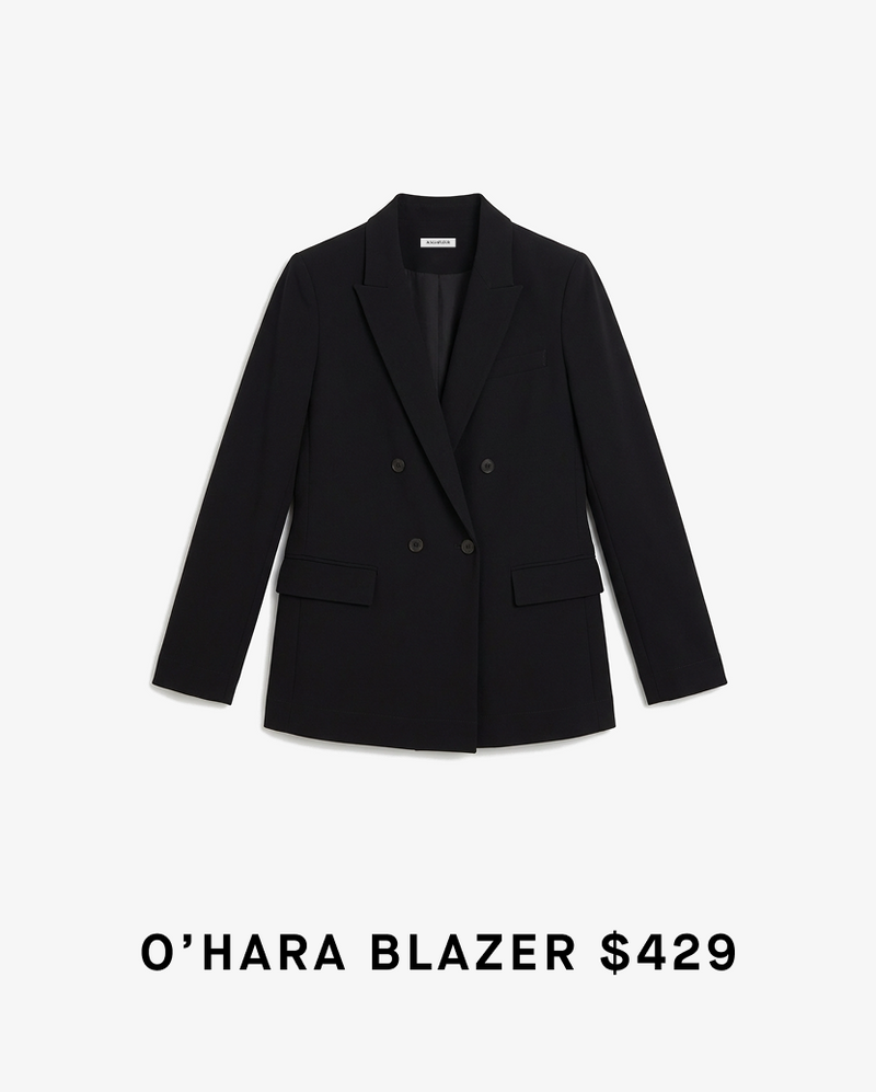 Black blazer on a white background with 'O'Hara Blazer $429' text.