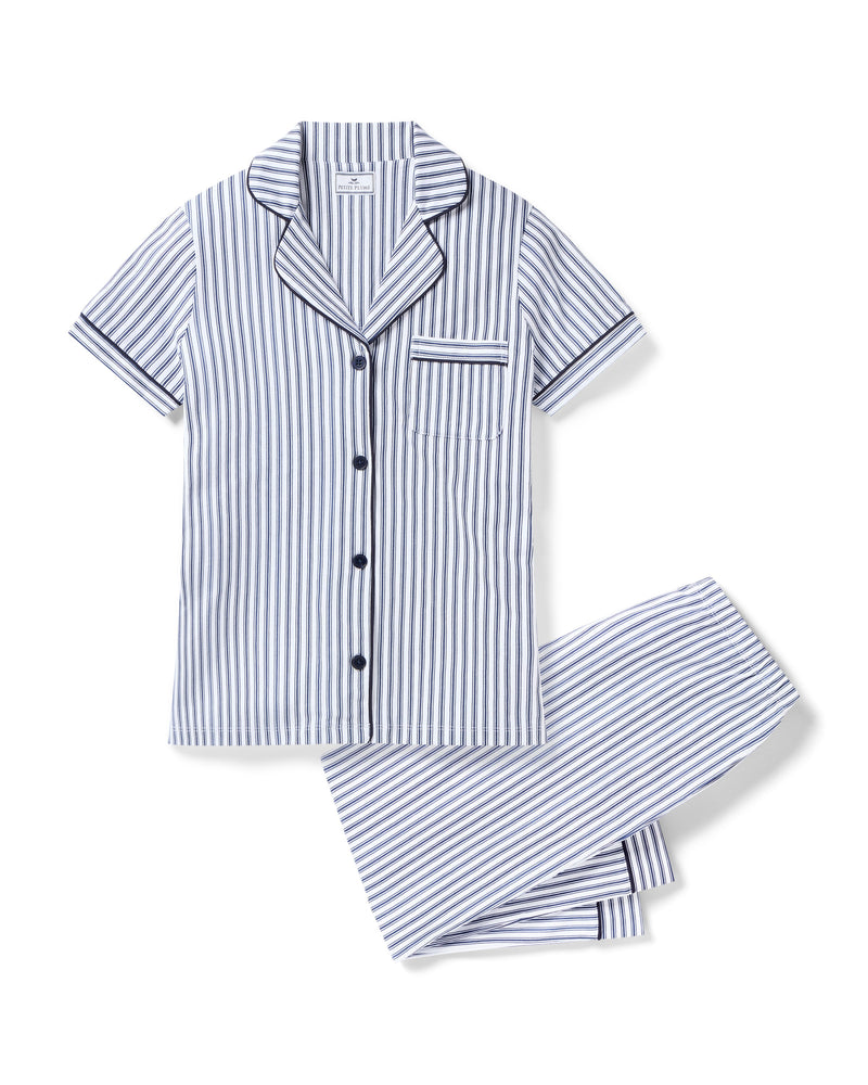 Petite Plume Pima Crop Pajama Set in Navy French Ticking