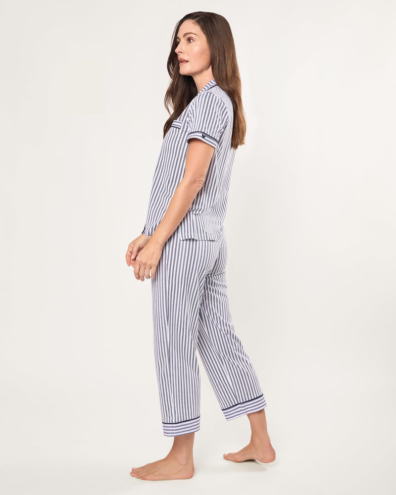 Petite Plume Pima Crop Pajama Set in Navy French Ticking