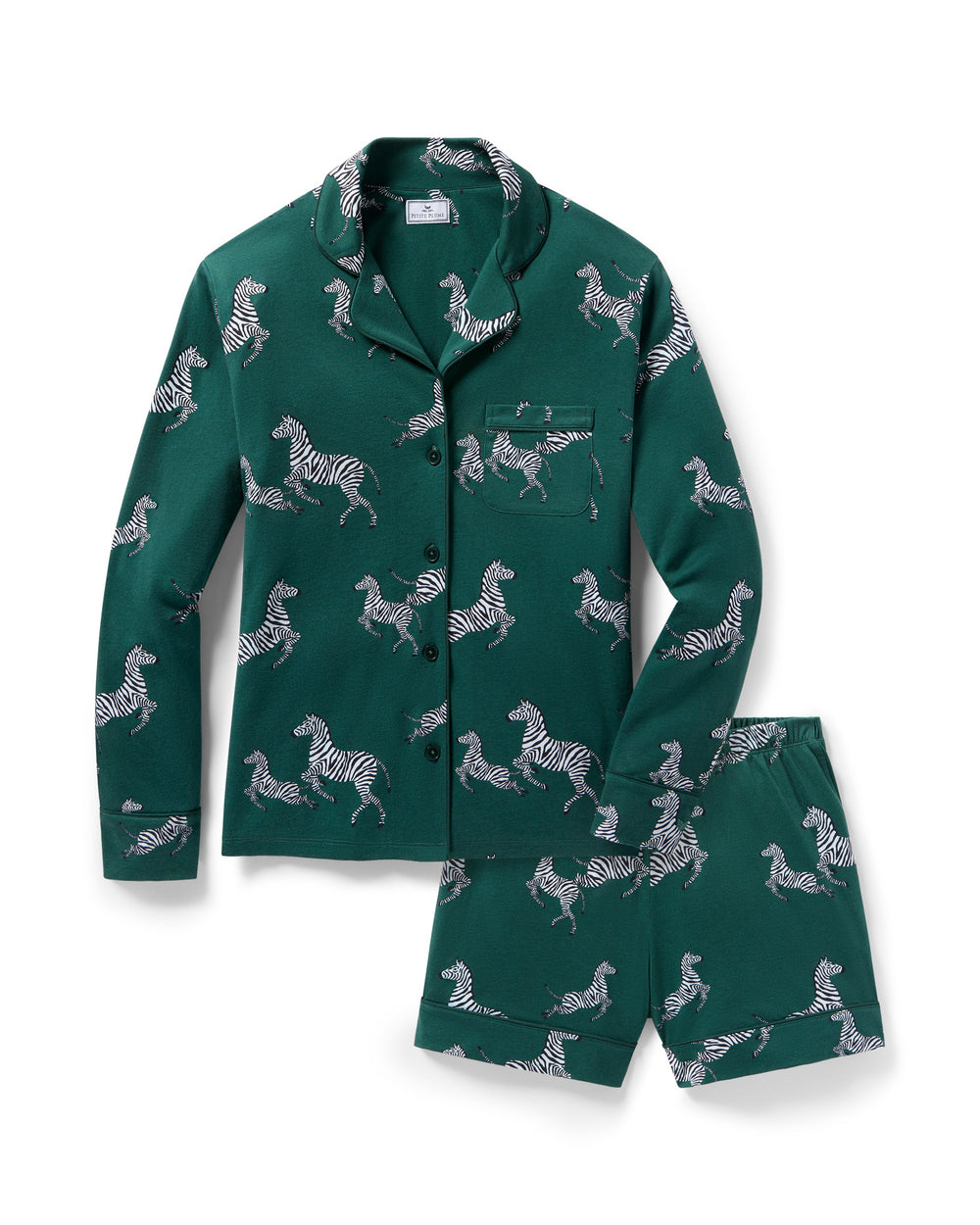 Green pajama set with zebra pattern on a white background