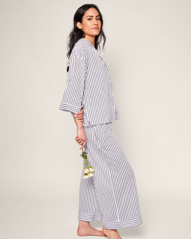 Petite Plume Olivia Wide Leg Pima Pajama Set in Navy French Ticking