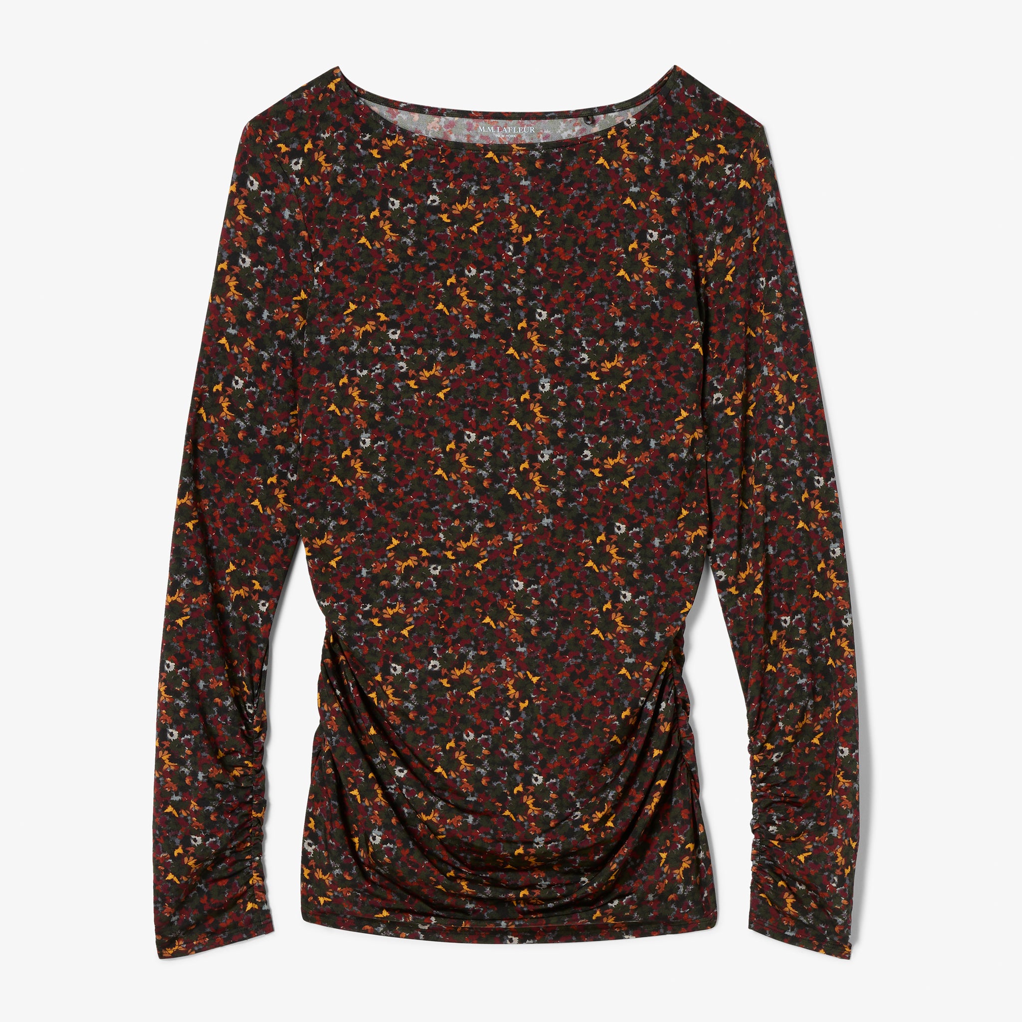 Long-sleeve top with a floral pattern on a white background