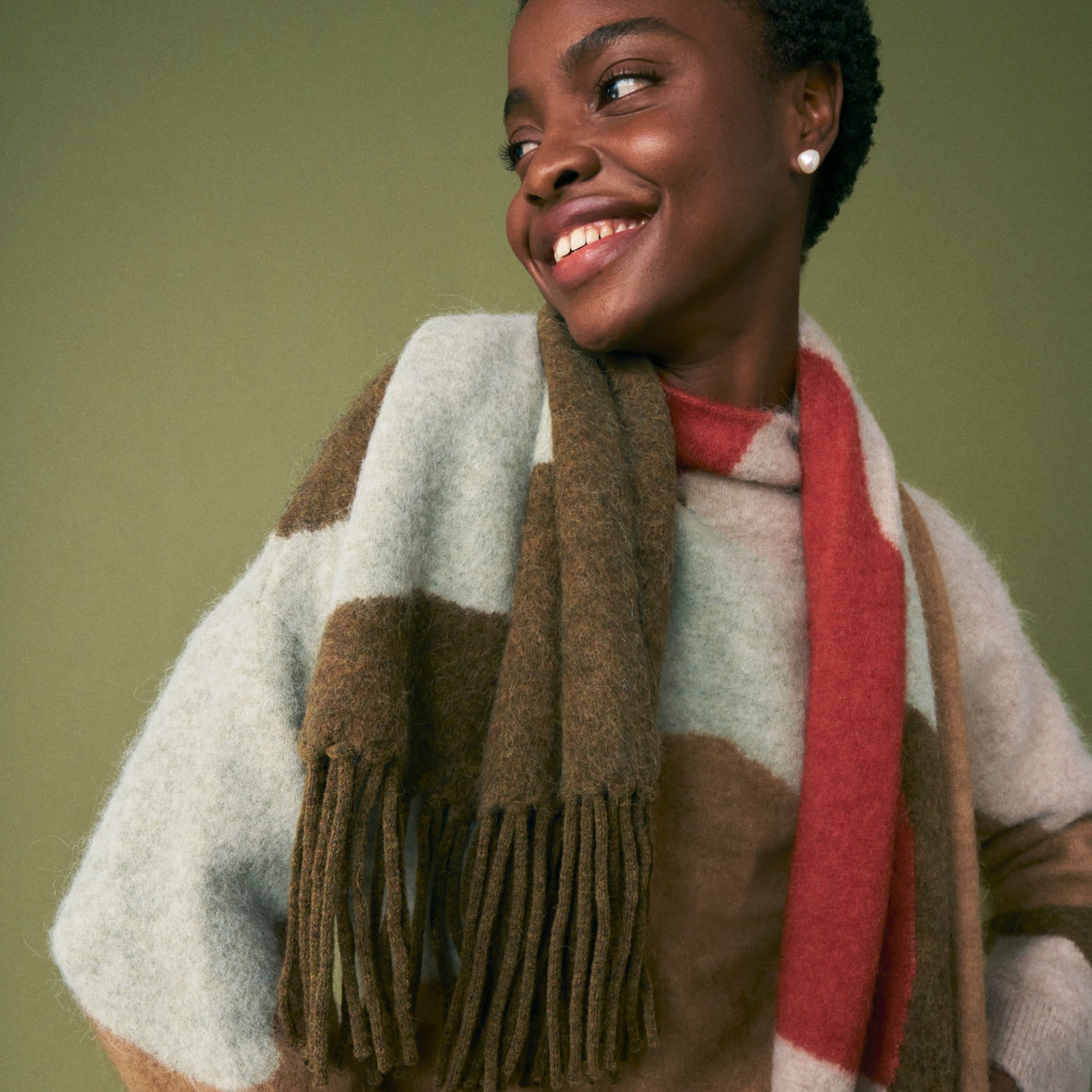 front image of a woman wearing the nash scarf