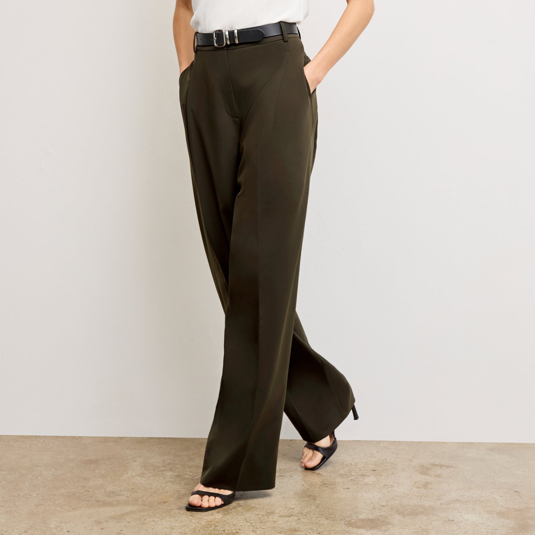 Front image of a woman wearing the Rina Pant in Olive 