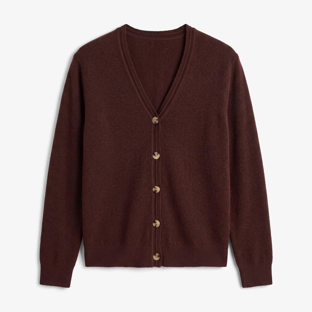 Packshot image of a long sleeve brown cardigan
