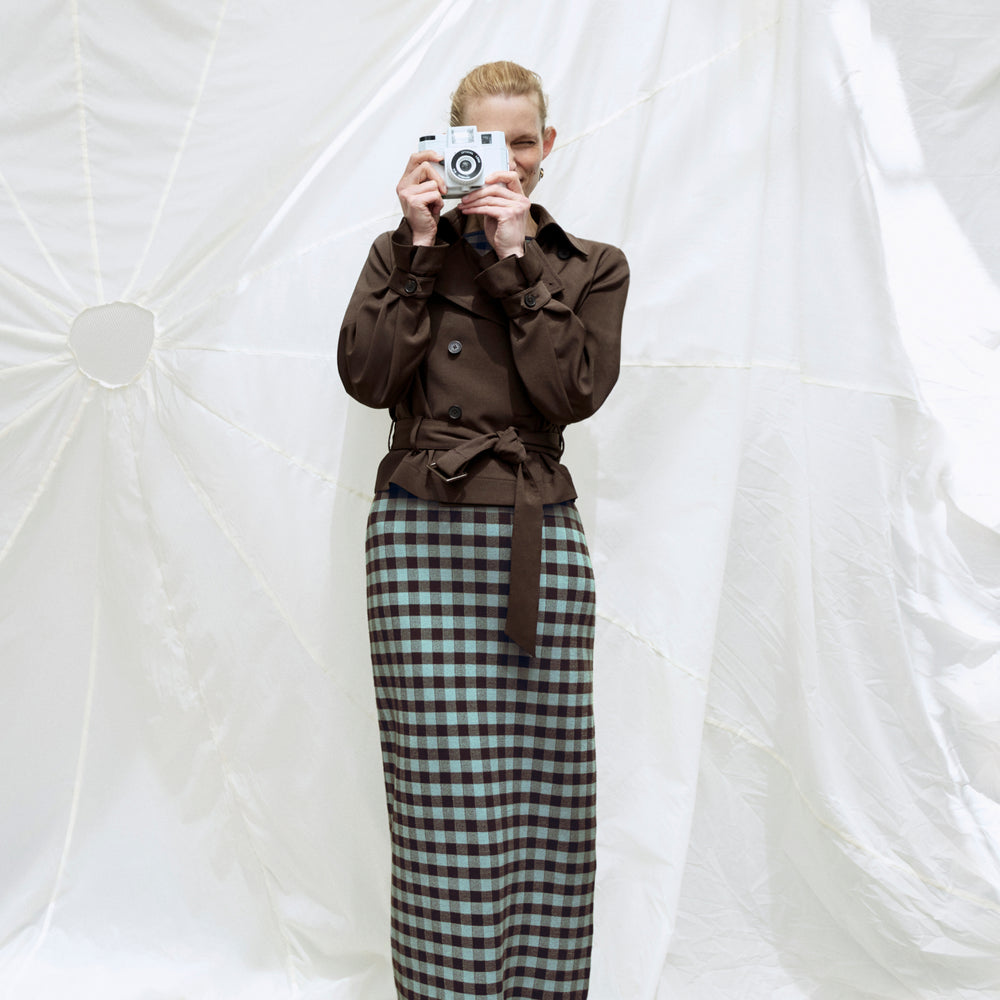 Front image of a woman wearing the Ziggy Dress in Picnic Check