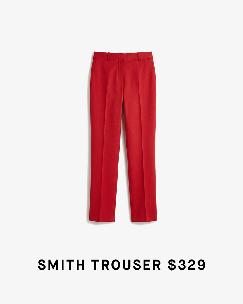 Red trousers on a white background with text SMITH TROUSER $329