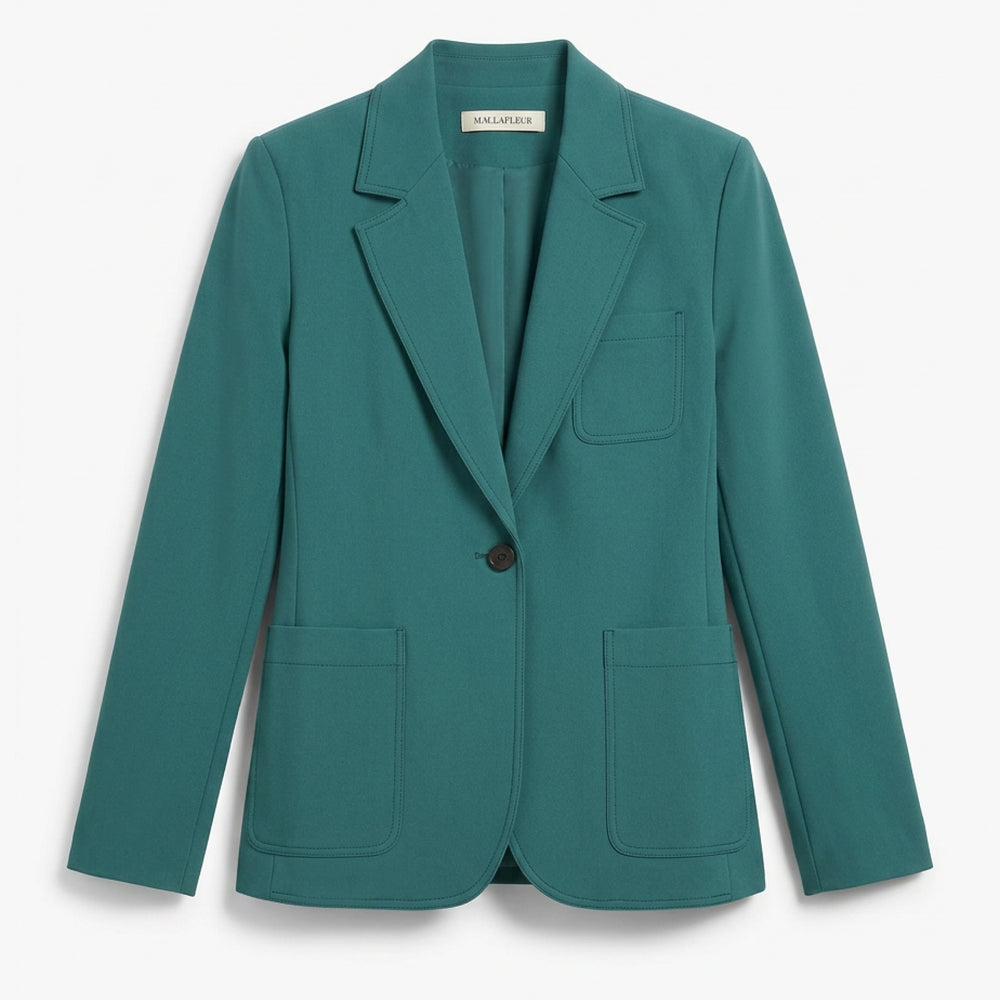 Teal blazer with a brand label on a white background