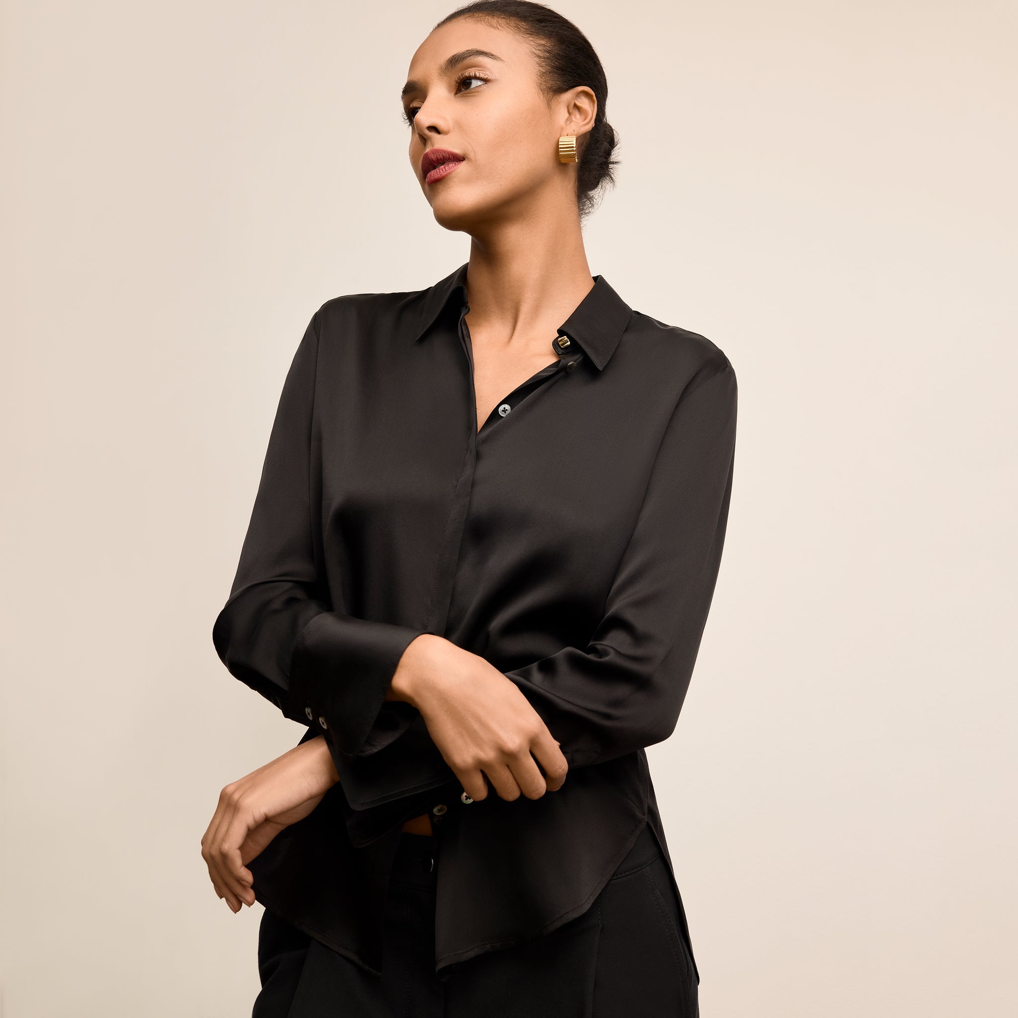 Tatum Button-Down Shirt - Washable Silk Charmeuse :: Black, M Tatum Button-Down Shirt - Washable Silk Charmeuse :: Black, M